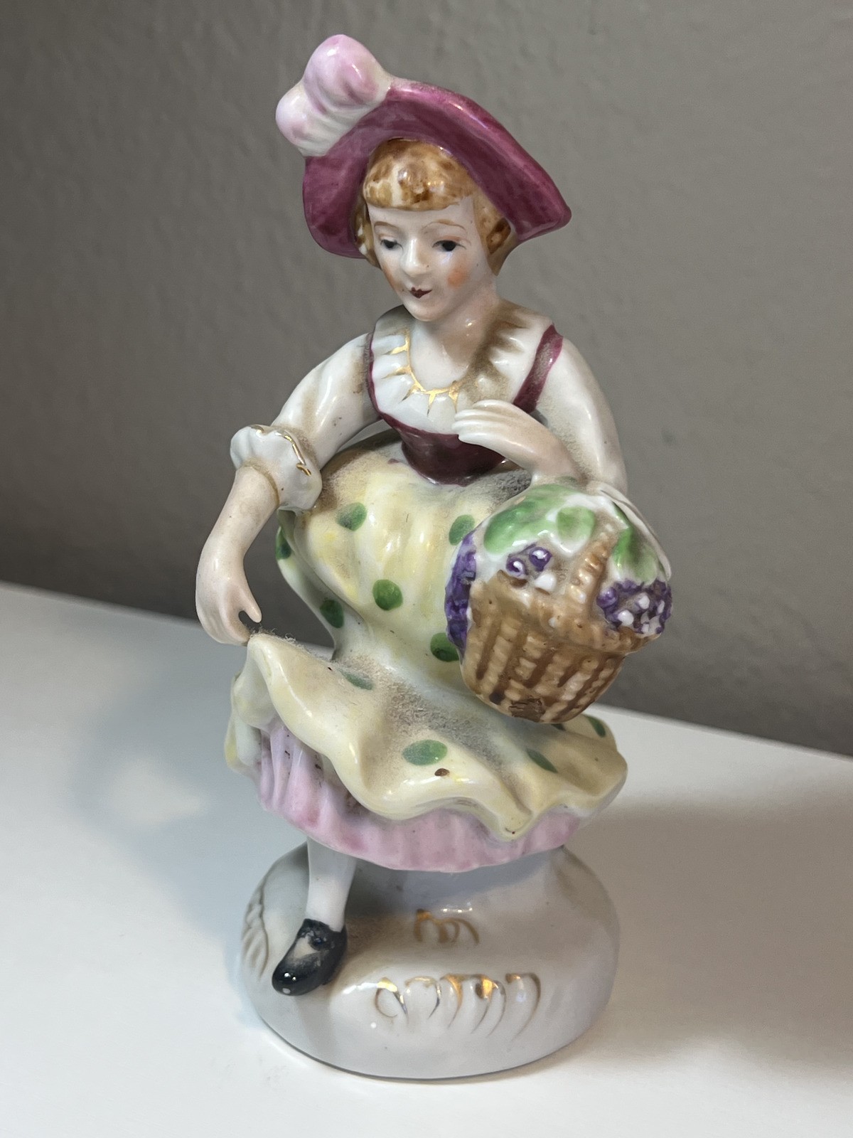 Vintage Occupied Japan Porcelain Lady Figurine Flower Basket 6” Hand Painted