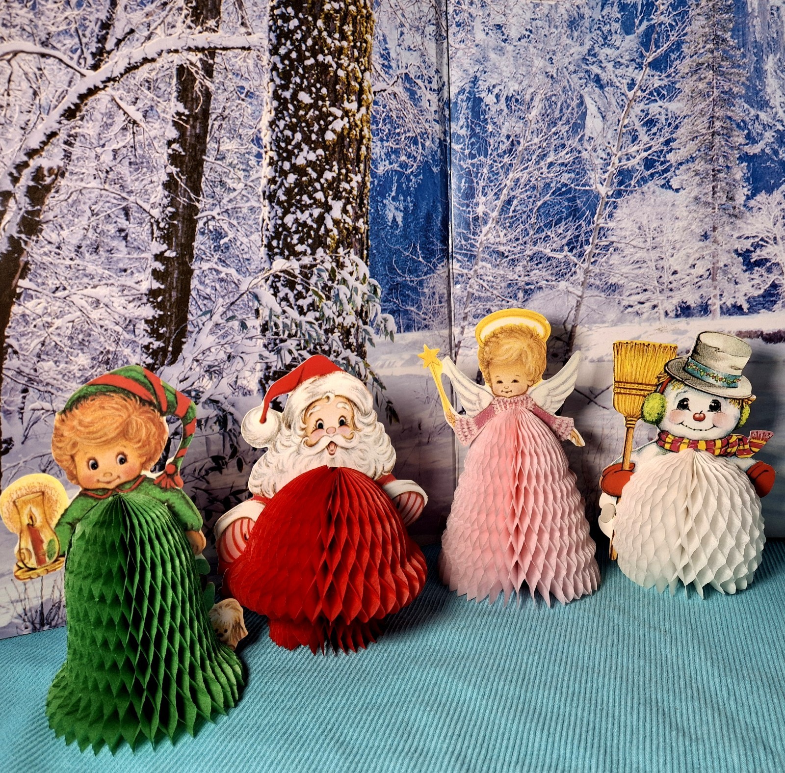 Set Of 4 VTG 1980 Beistle Christmas Playmates Honeycomb Santa Snowman Angel Elf Set Of 4 VTG 1980 Beistle Christmas Playmates Honeycomb Santa Snowman Angel Elf