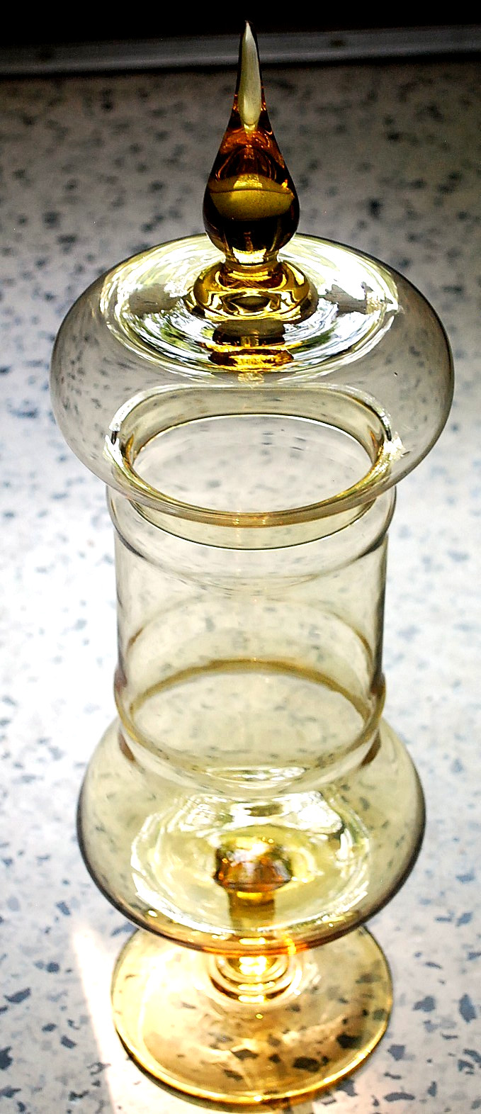 RARE Vtg EMPOLI Italy AMBER GLASS Apothecary Jar 17.5” Pedestal Base/W Lid