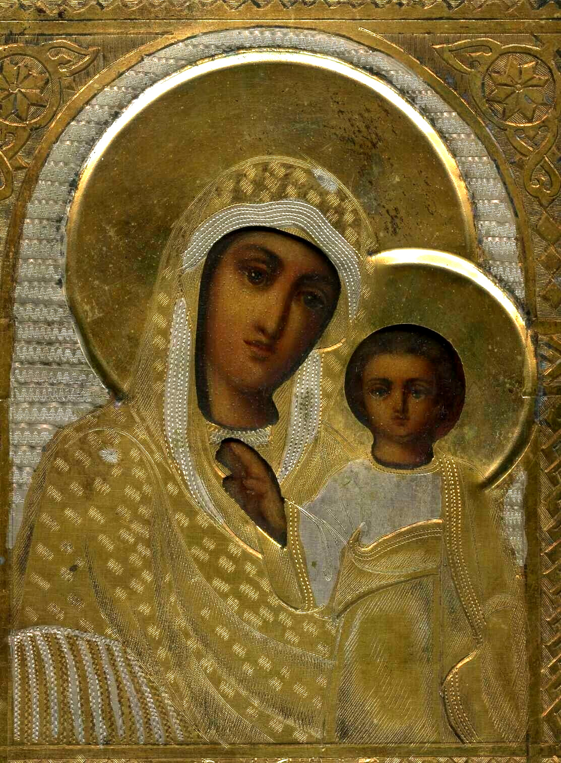 Antique 19c Russian Hand Painted Bronze Oklad Wood Icon Kazan' Virgin RARE