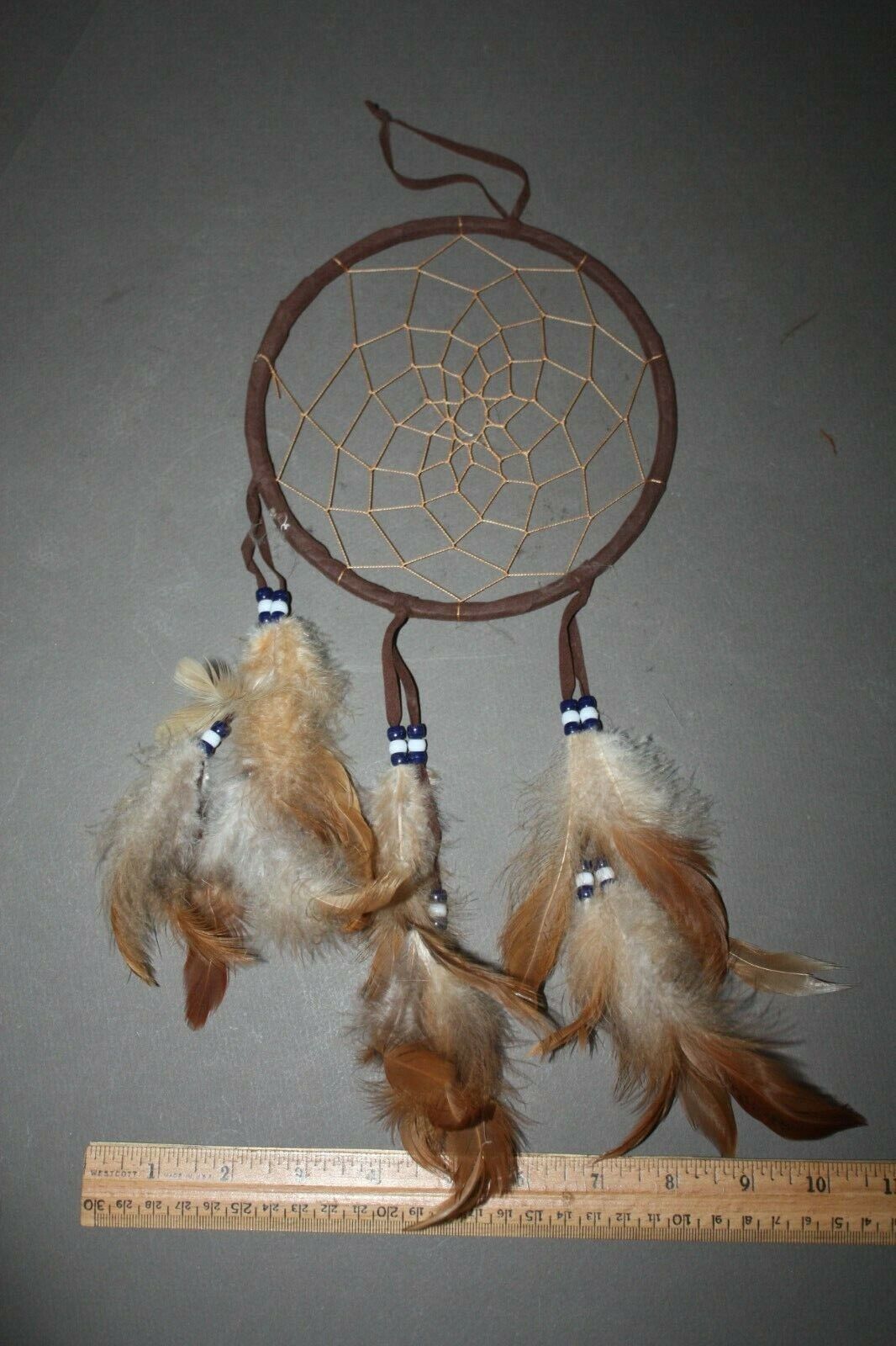 VINTAGE BROWN FEATHER & BEAD MANDALA NATIVE AMERICAN DREAM CATCHER WALL HANGING