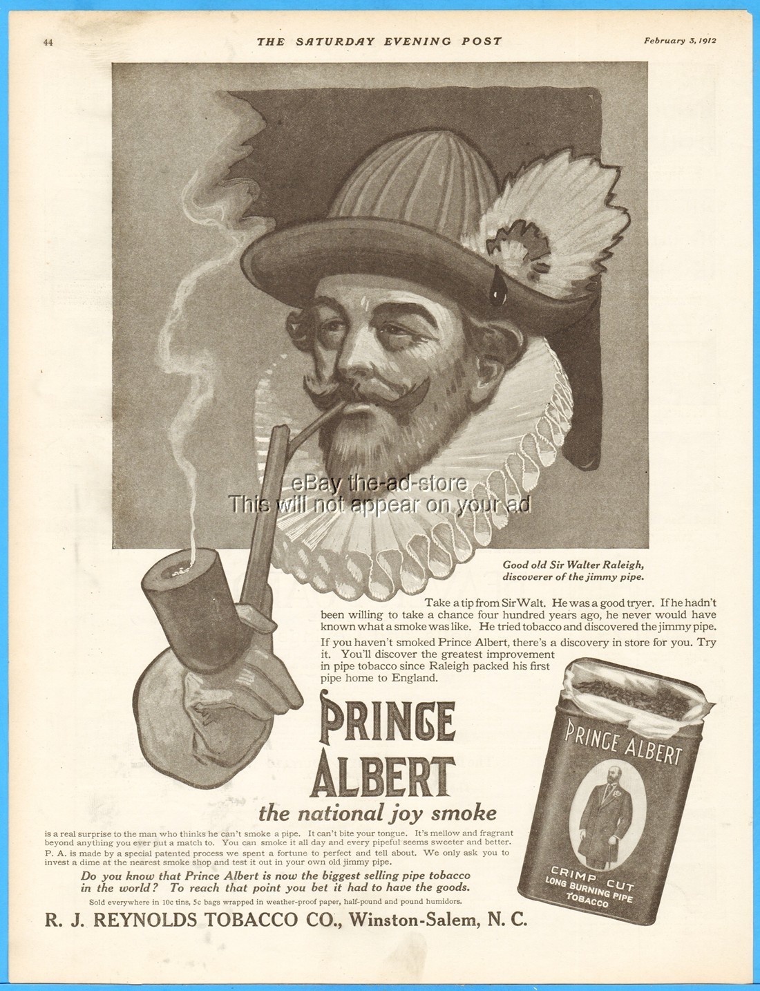 1912 Sir Walter Raleigh Prince Albert Tobacco R J Reynolds Winston Salem NC Ad