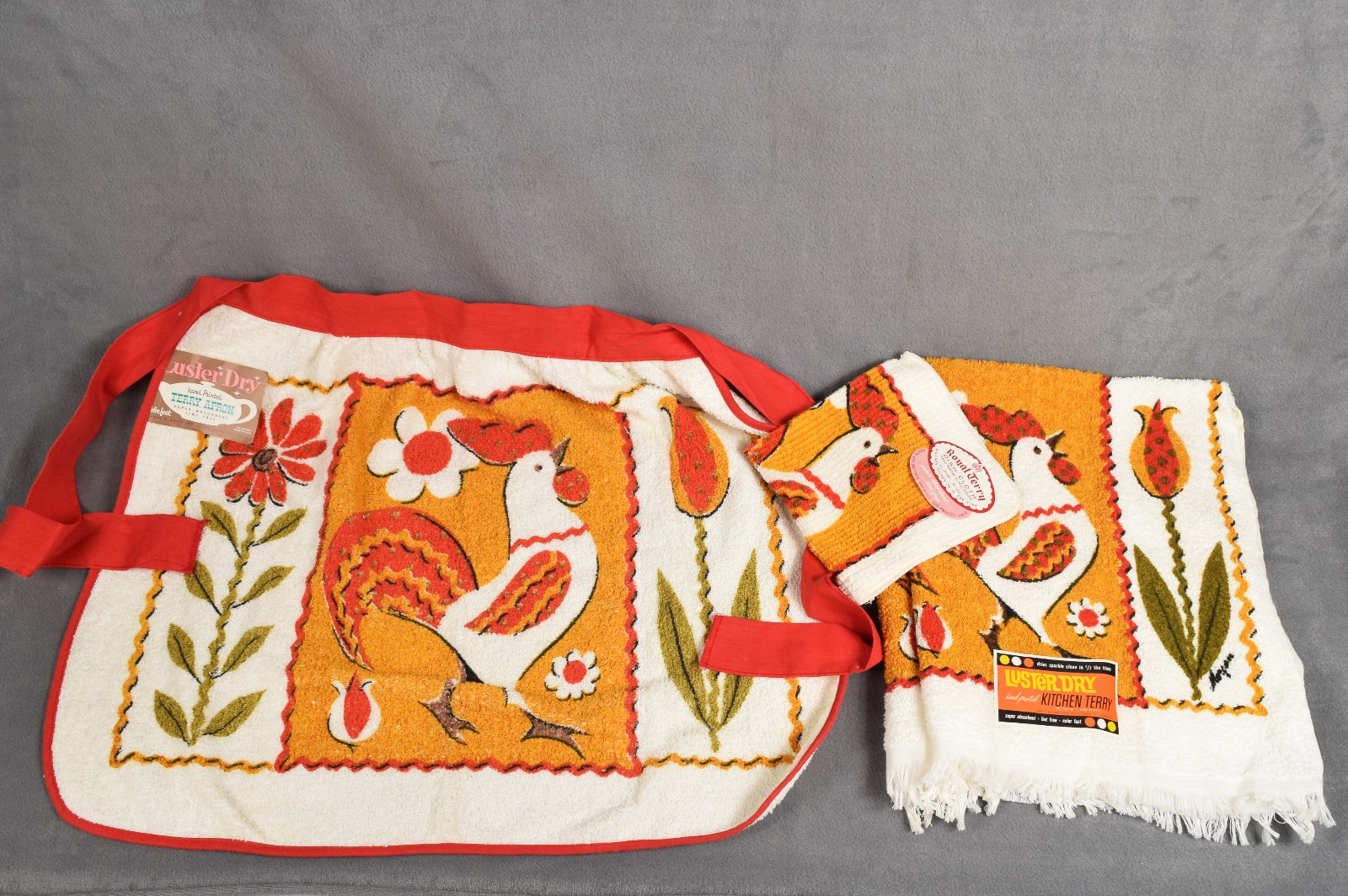 VTG SET 3 NOS ROYAL TERRY ROOSTER KITCHEN DISH TOWEL FRINGE APRON CANNON VTG SET 3 NOS ROYAL TERRY ROOSTER KITCHEN DISH TOWEL FRINGE APRON CANNON