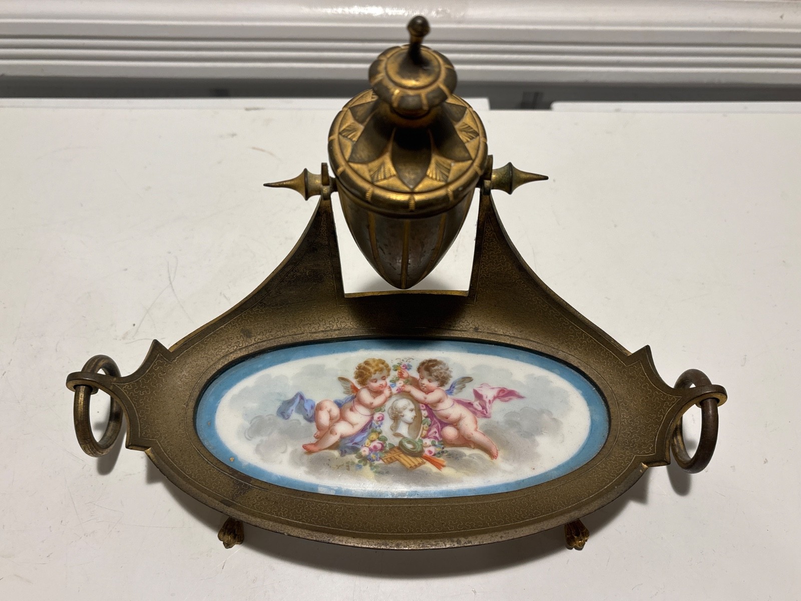 Antique Sevres-Style Inkwell French Porcelain and Brass