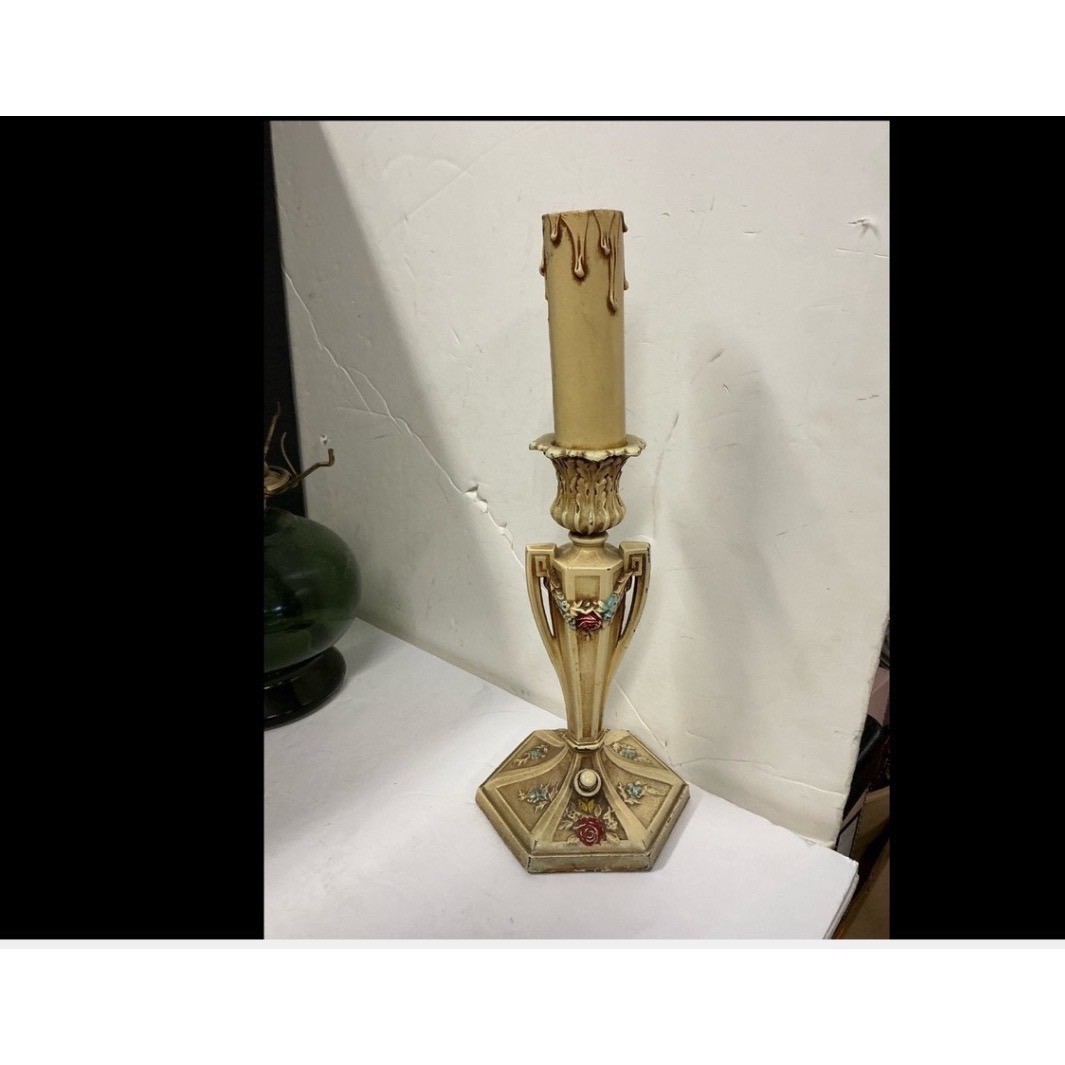 Vintage French Provincial Electric Candlestick Lamp Floral Rose Garland 1930s