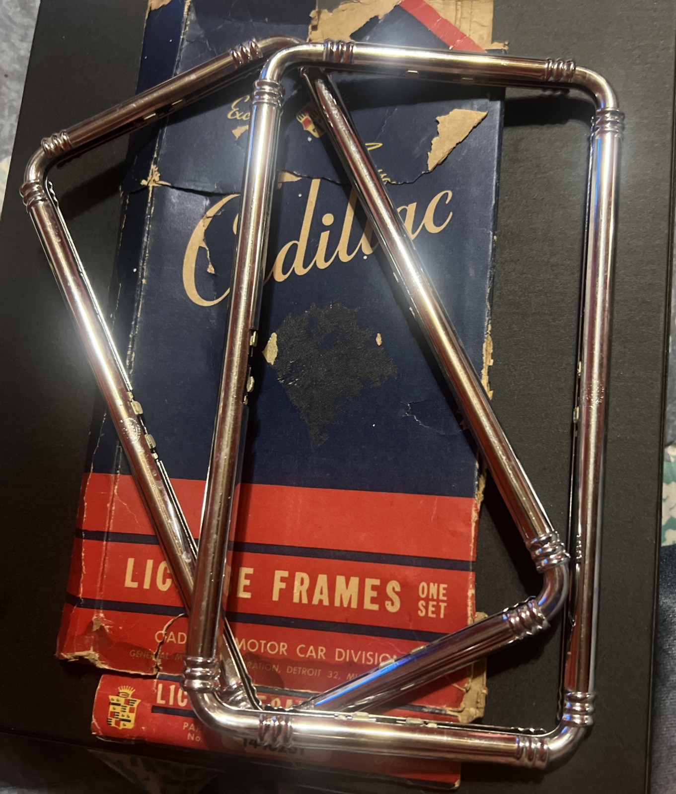 Vintage 1940s Cadillac Metal License Plate Frames In Original Box