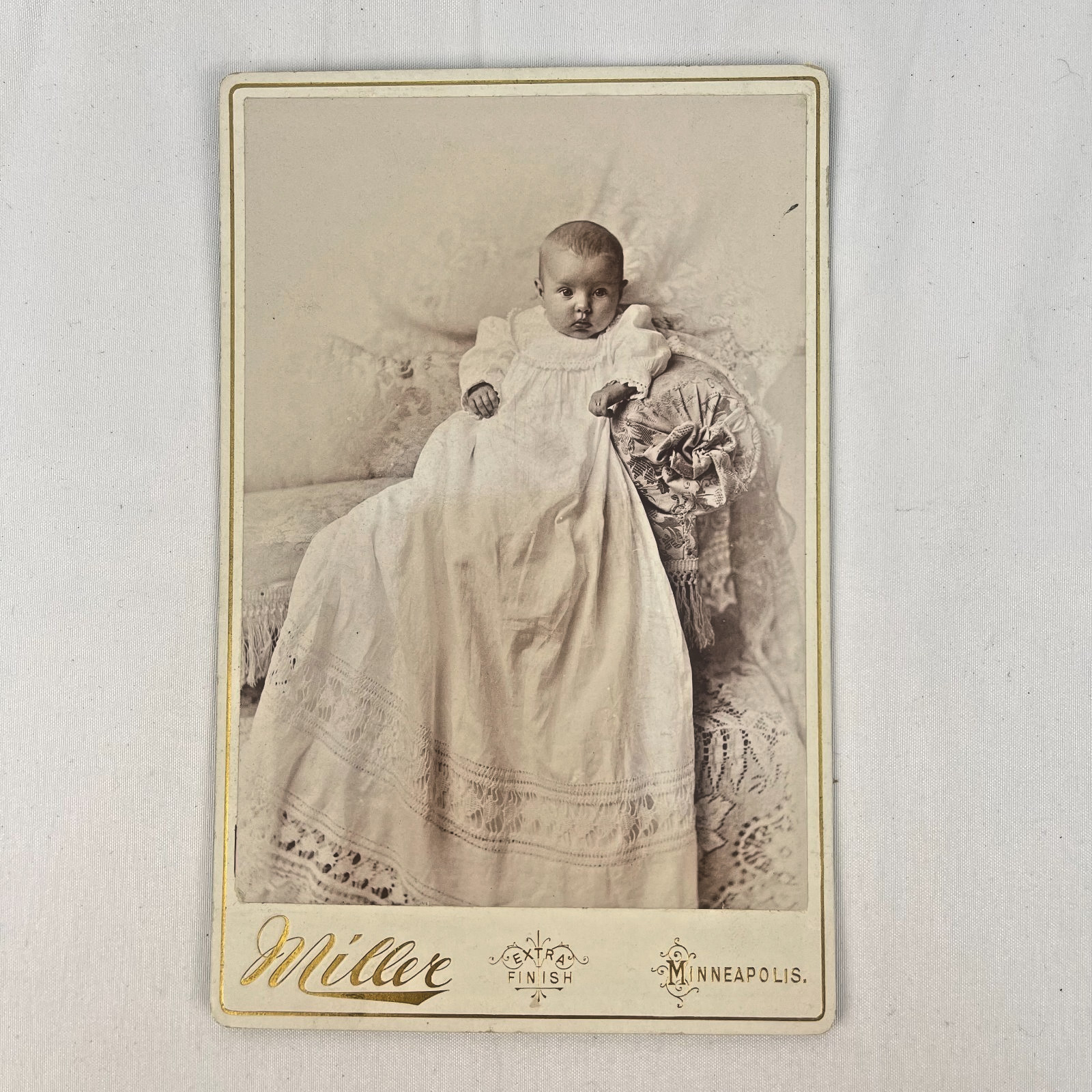 Antique Cabinet Card Baby in White on Couch Photograph Miller Portraits Studio Antique Cabinet Card Baby in White on Couch Photograph Miller Portraits Studio
