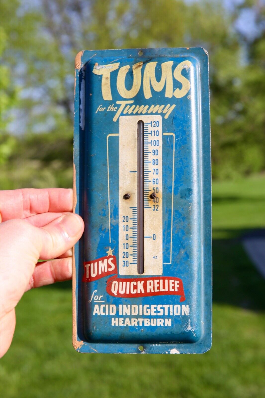 Vintage 1960's Tums Metal Advertising Thermometer Sign Pharmacy Medical old
