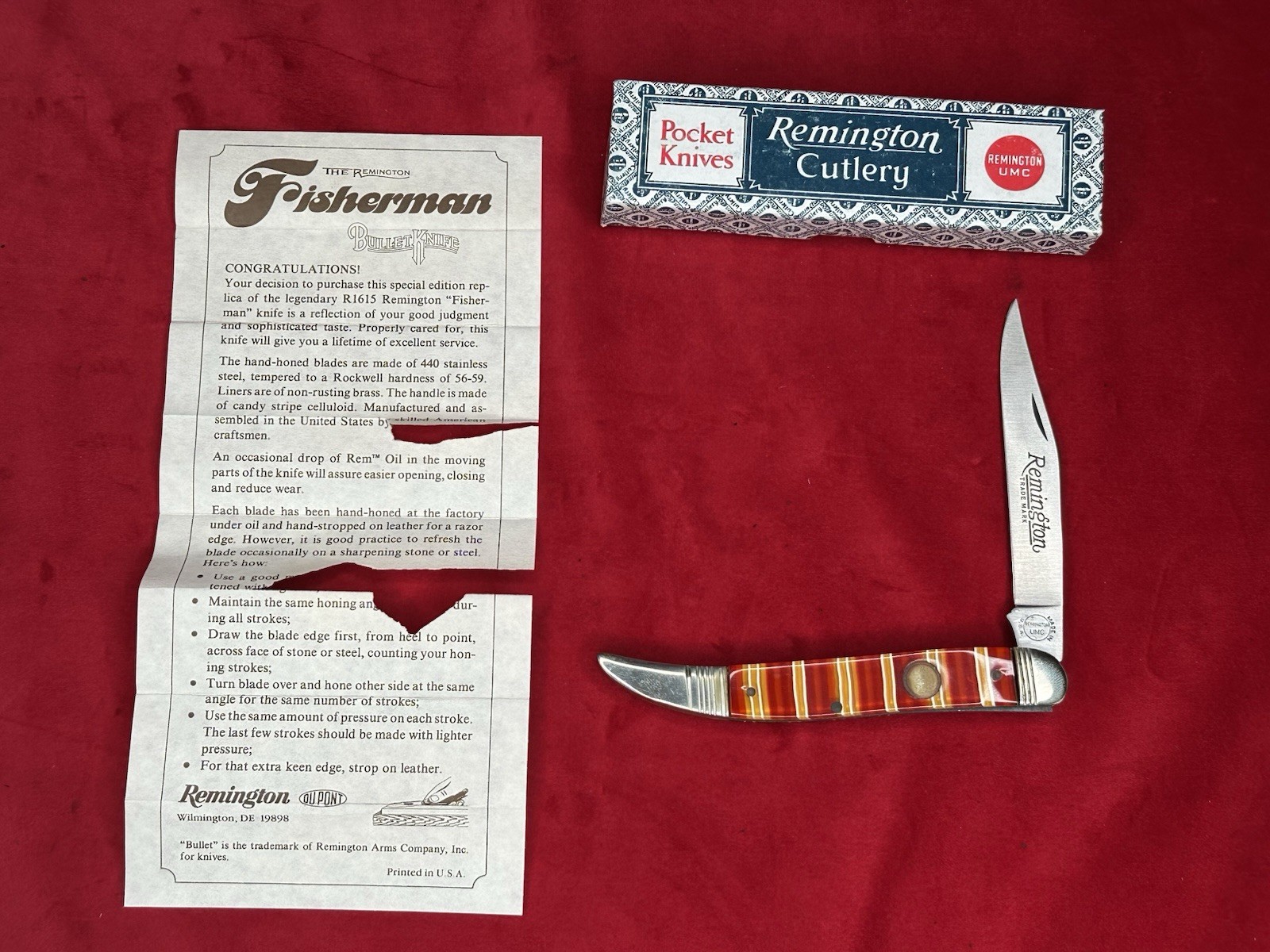 VINTAGE CANDY STRIPE 1988 REMINGTON FISHERMAN BULLET POCKET KNIFE R1615 VINTAGE CANDY STRIPE 1988 REMINGTON FISHERMAN BULLET POCKET KNIFE R1615