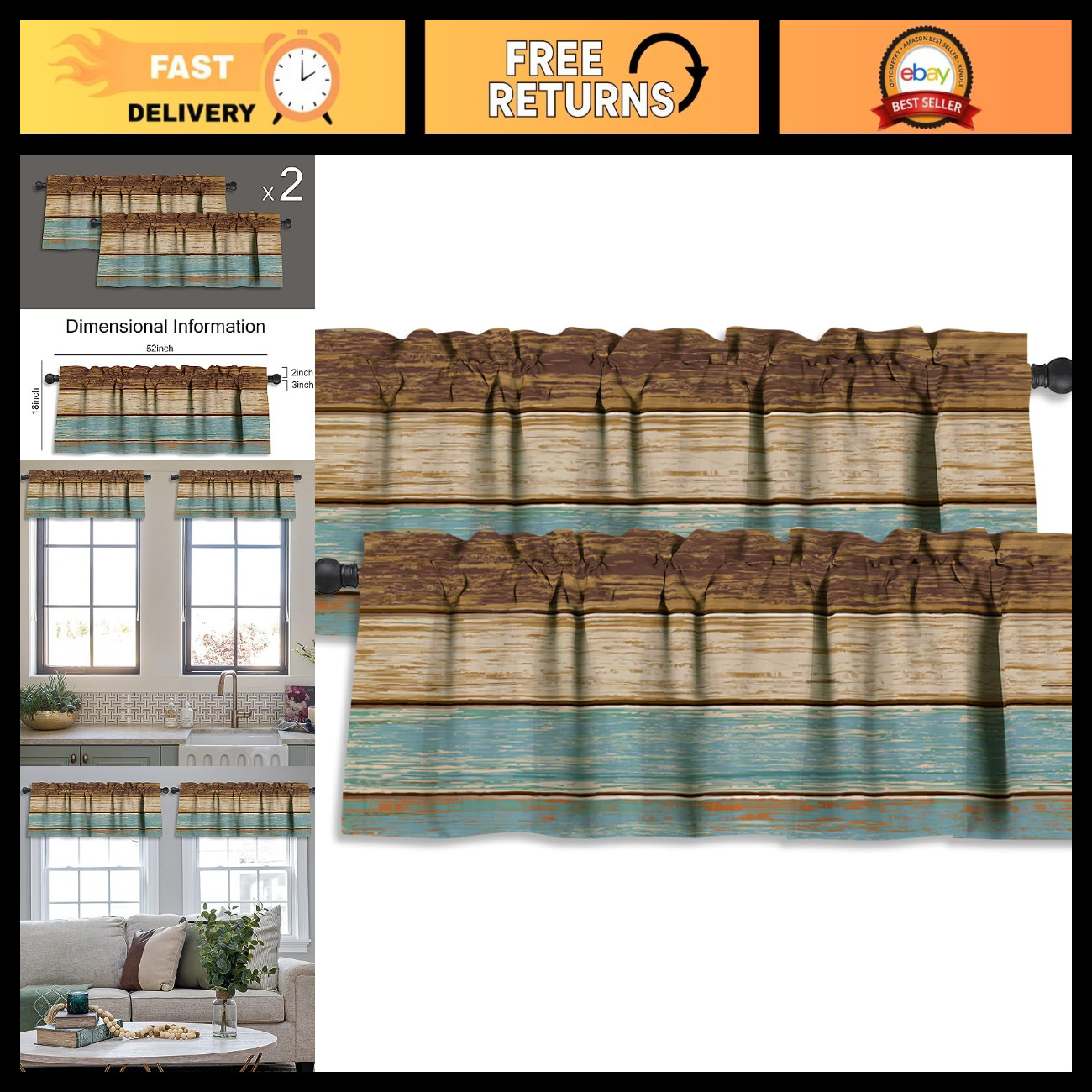 Rustic Wood Valances for Windows, 2 Pack, 52x18 Inch, Blackout Rustic Wood Valances for Windows, 2 Pack, 52x18 Inch, Blackout