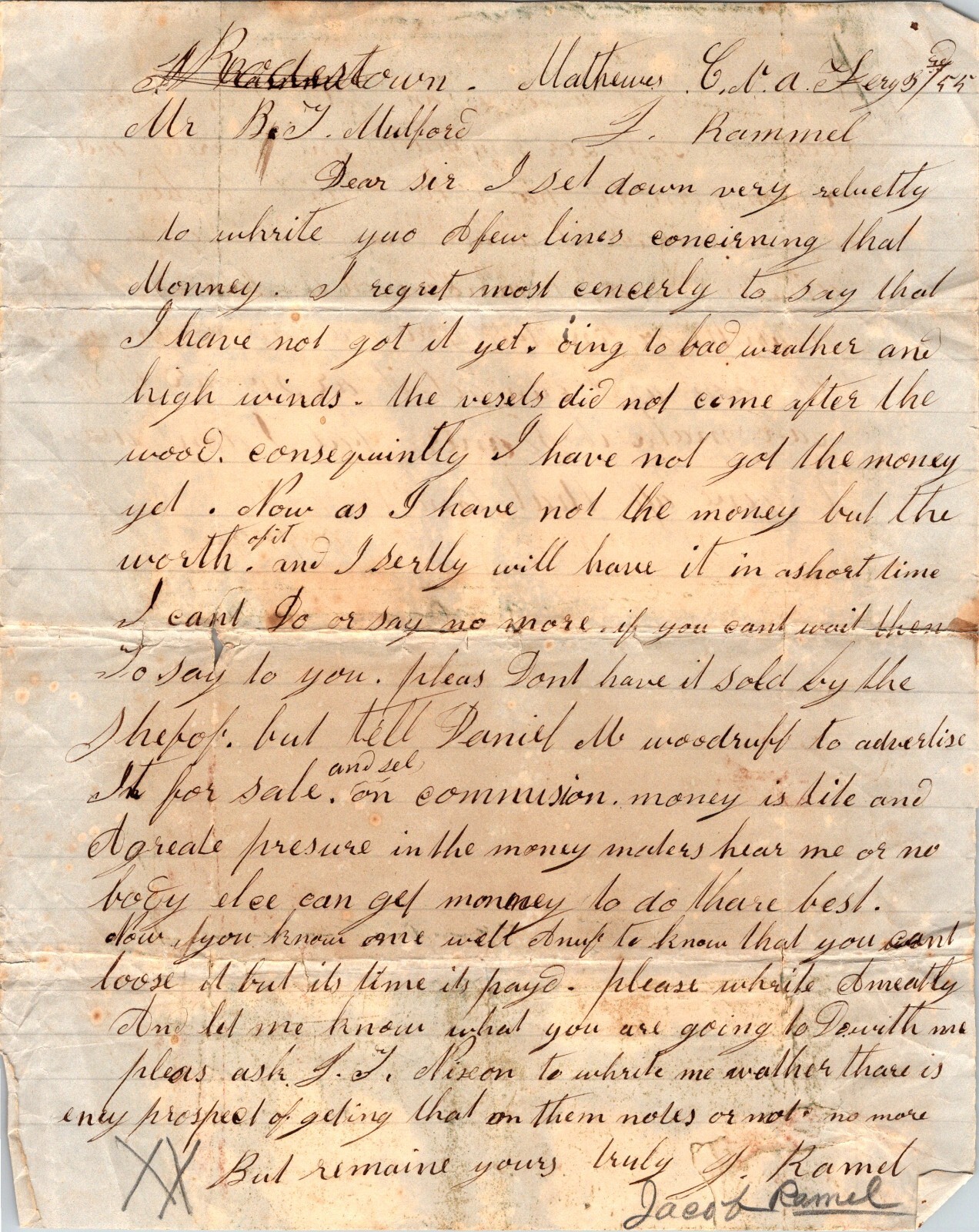 1855 Handwritten letter Jacob Romel to Benjamin T Mulford Cumberland NJ woodruff 1855 Handwritten letter Jacob Romel to Benjamin T Mulford Cumberland NJ woodruff