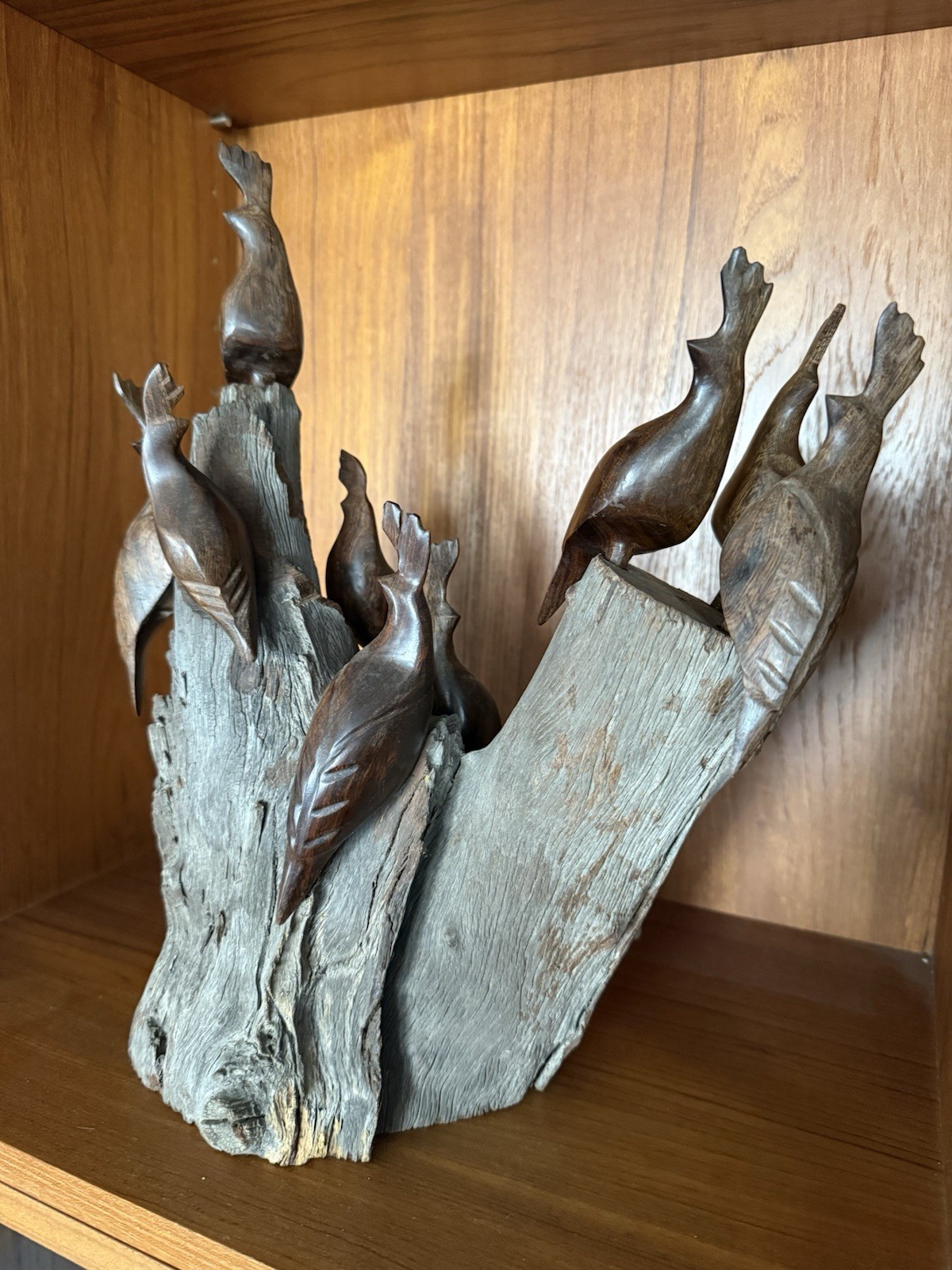 Vintage Mid Century Ironwood Carved Quail Family Tree Sculpture. Heavy Vintage Mid Century Ironwood Carved Quail Family Tree Sculpture. Heavy