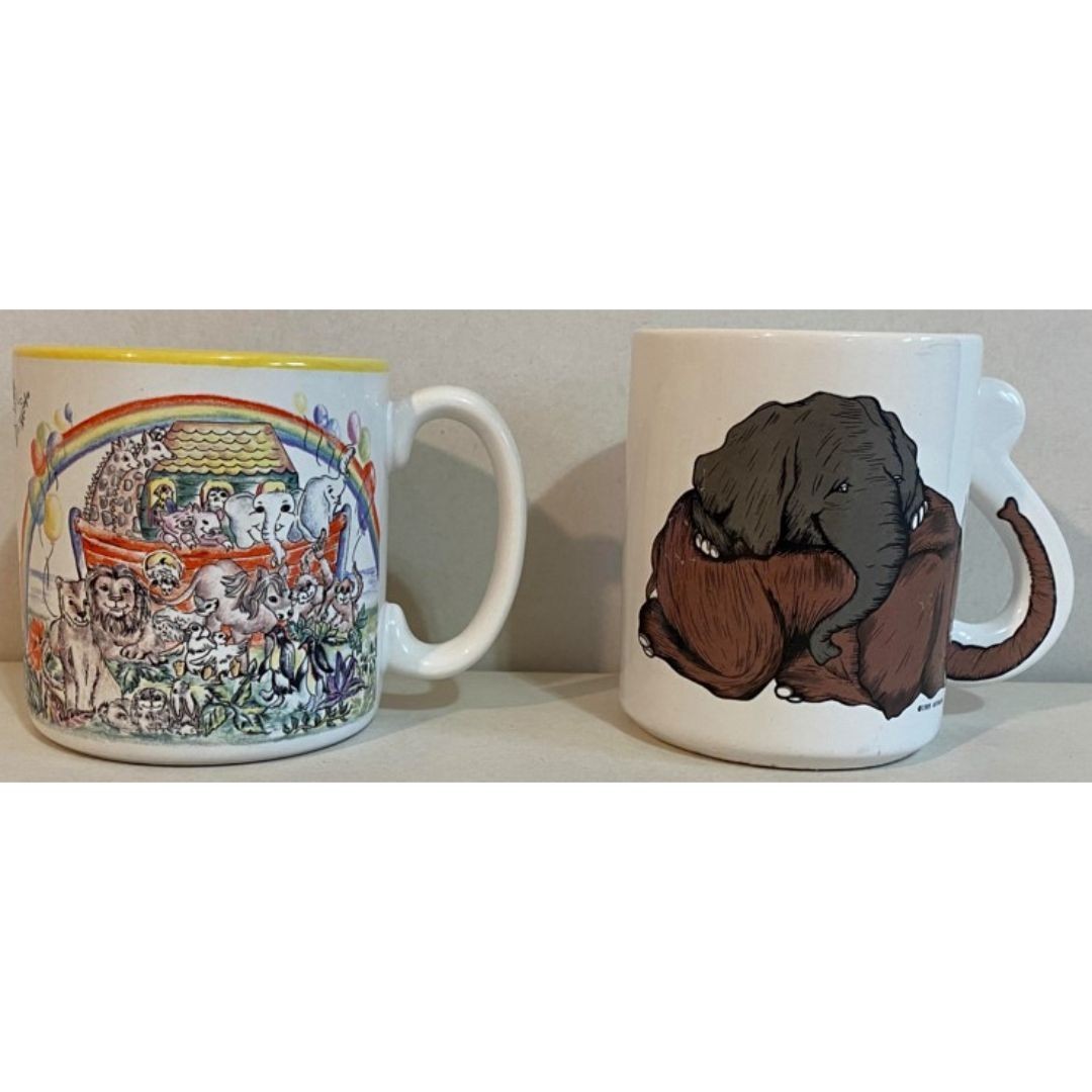 Vintage Noah's Ark & Elephant Coffee Mugs Flowers Inc Balloons 1997 Artmark 1989 Vintage Noah's Ark & Elephant Coffee Mugs Flowers Inc Balloons 1997 Artmark 1989