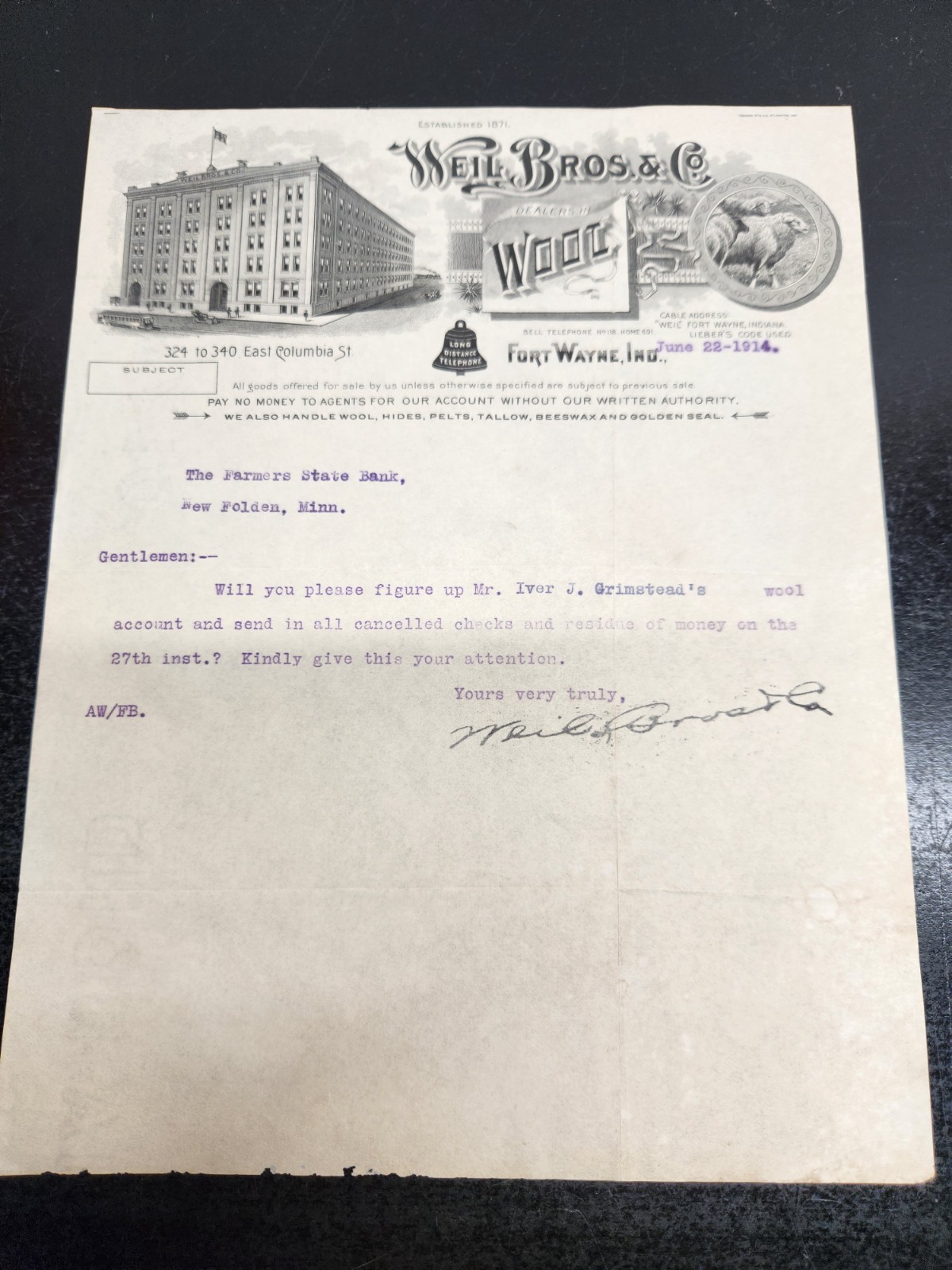 VTG 1914 Billhead Masthead of Weil Bros. & Co. Dealers in Wool - Ft. Wayne Ind