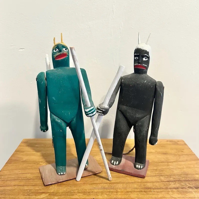 Vintage Primitive Wood Devil Figurines Pair Mid Century Folk Art Sculptures