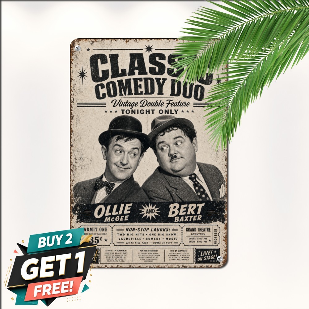 Iconic Comedy Duo Black White Vintage Hollywood Decor Metal Tin Sign 8x12