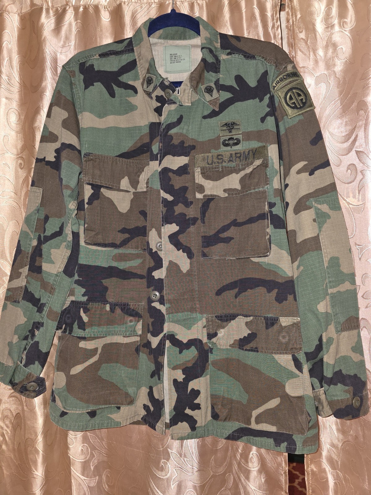 Vintage U.S. Army Woodland Camouflage BDU Combat Coat Small- Airborne 82nd Patch