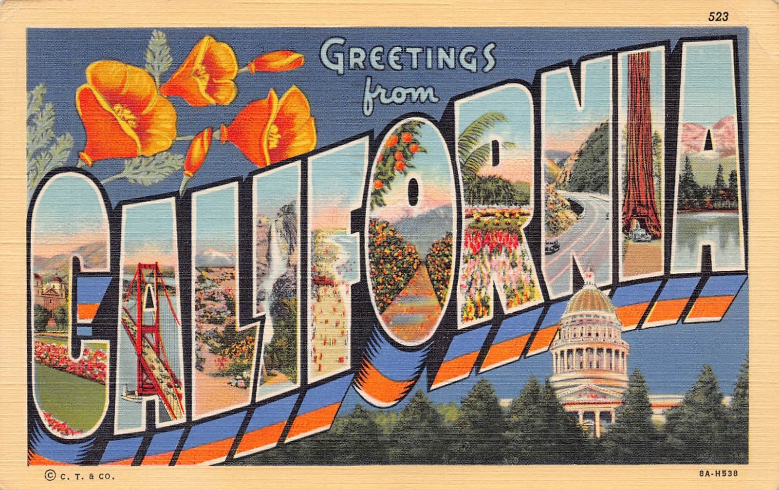 1942 California Greetings From Large Letter 8A-H538 Linen Postcard 1942 California Greetings From Large Letter 8A-H538 Linen Postcard
