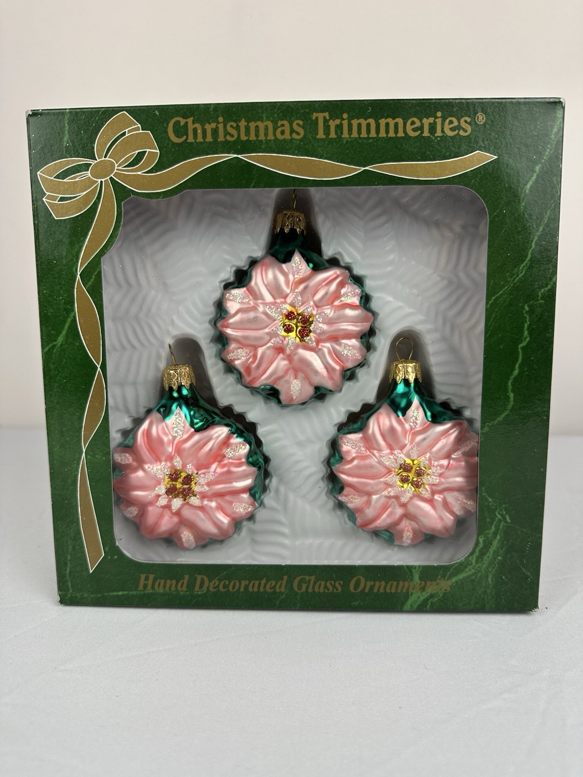 Christmas Timmeries Bradford Pink Poinsettia Glass Ornaments Set of 3 Boxed Christmas Timmeries Bradford Pink Poinsettia Glass Ornaments Set of 3 Boxed