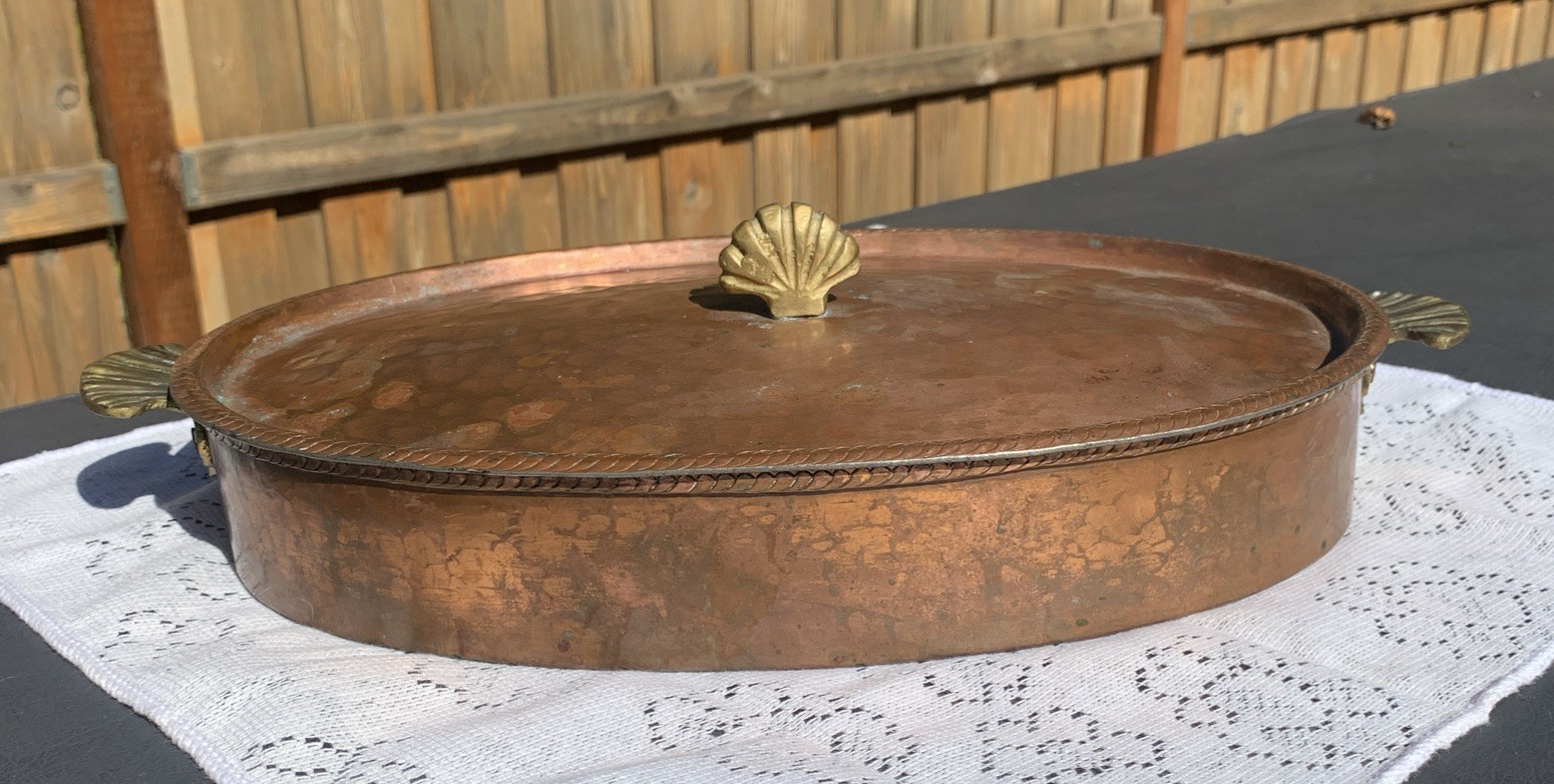 Antique Copper With Tin Oval Roasting Pan Fish Baker 15”x8.75” With Lid