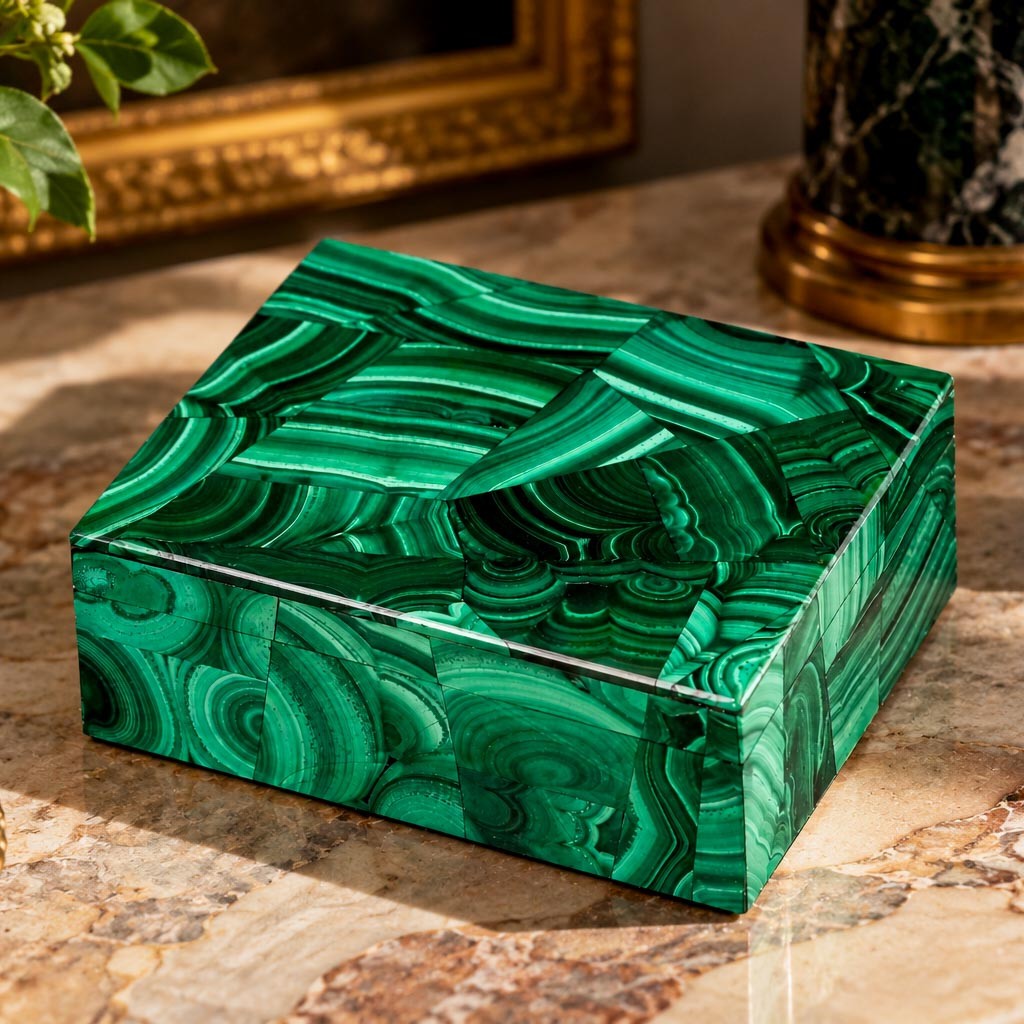 Vintage European Malachite Box Hand Cut Geometric Stone Mid Century Luxury
