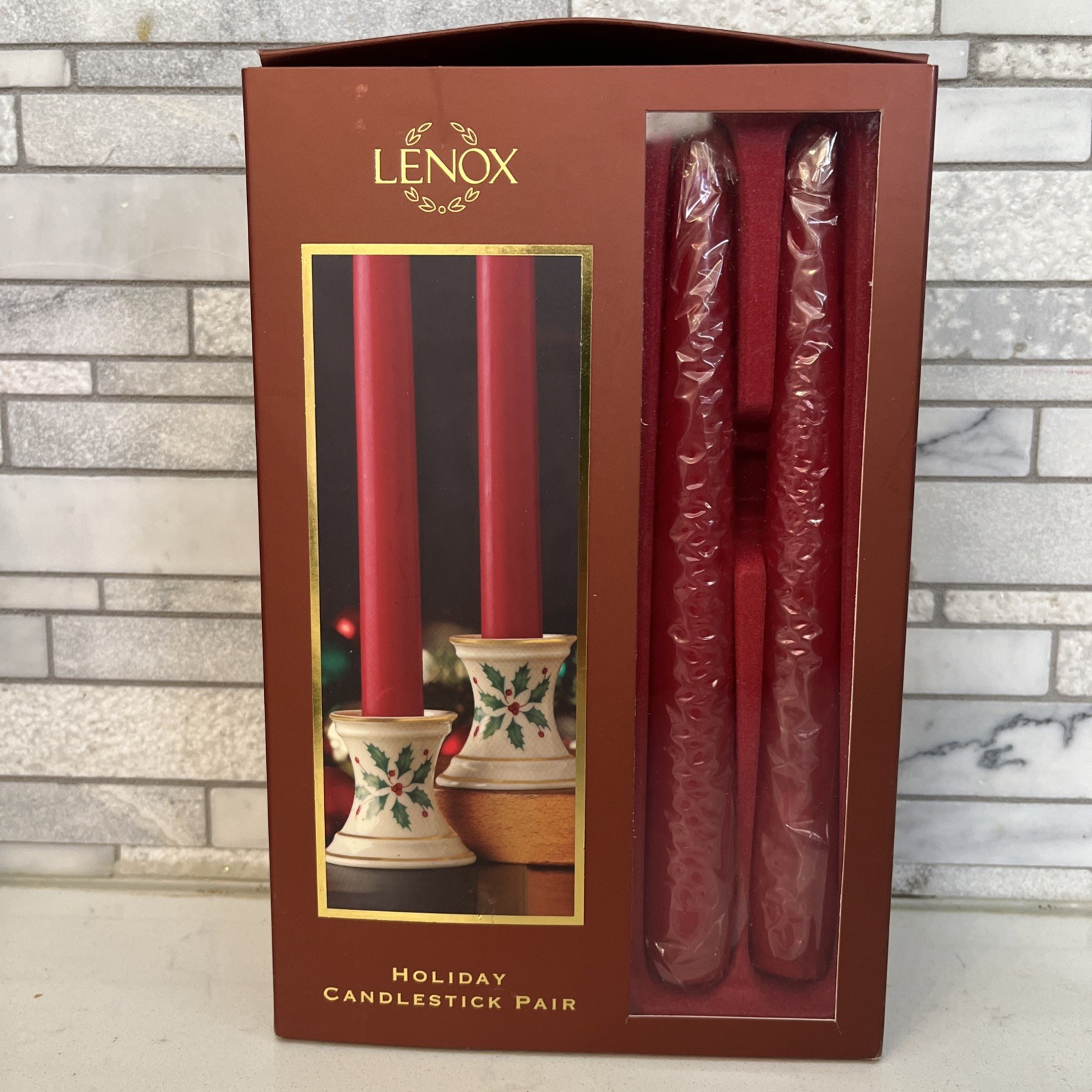 Lenox • Holiday Gatherings • Candlestick Pair with Tapers • Holly & Berries NIB Lenox • Holiday Gatherings • Candlestick Pair with Tapers • Holly & Berries NIB
