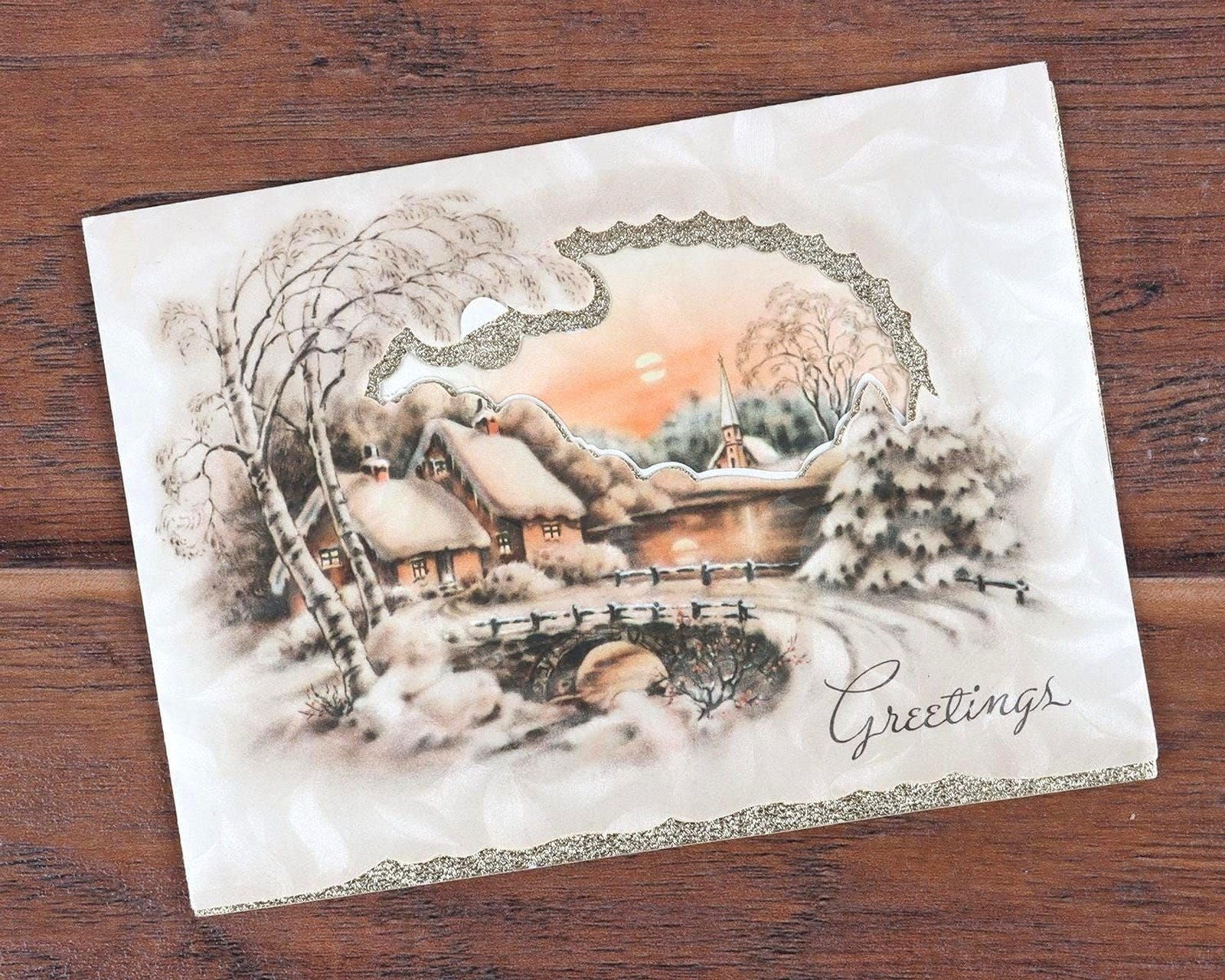 VTG 1950s Christmas Greeting Card Whittier Snow-Bound Die Cut Foil Winter Scene