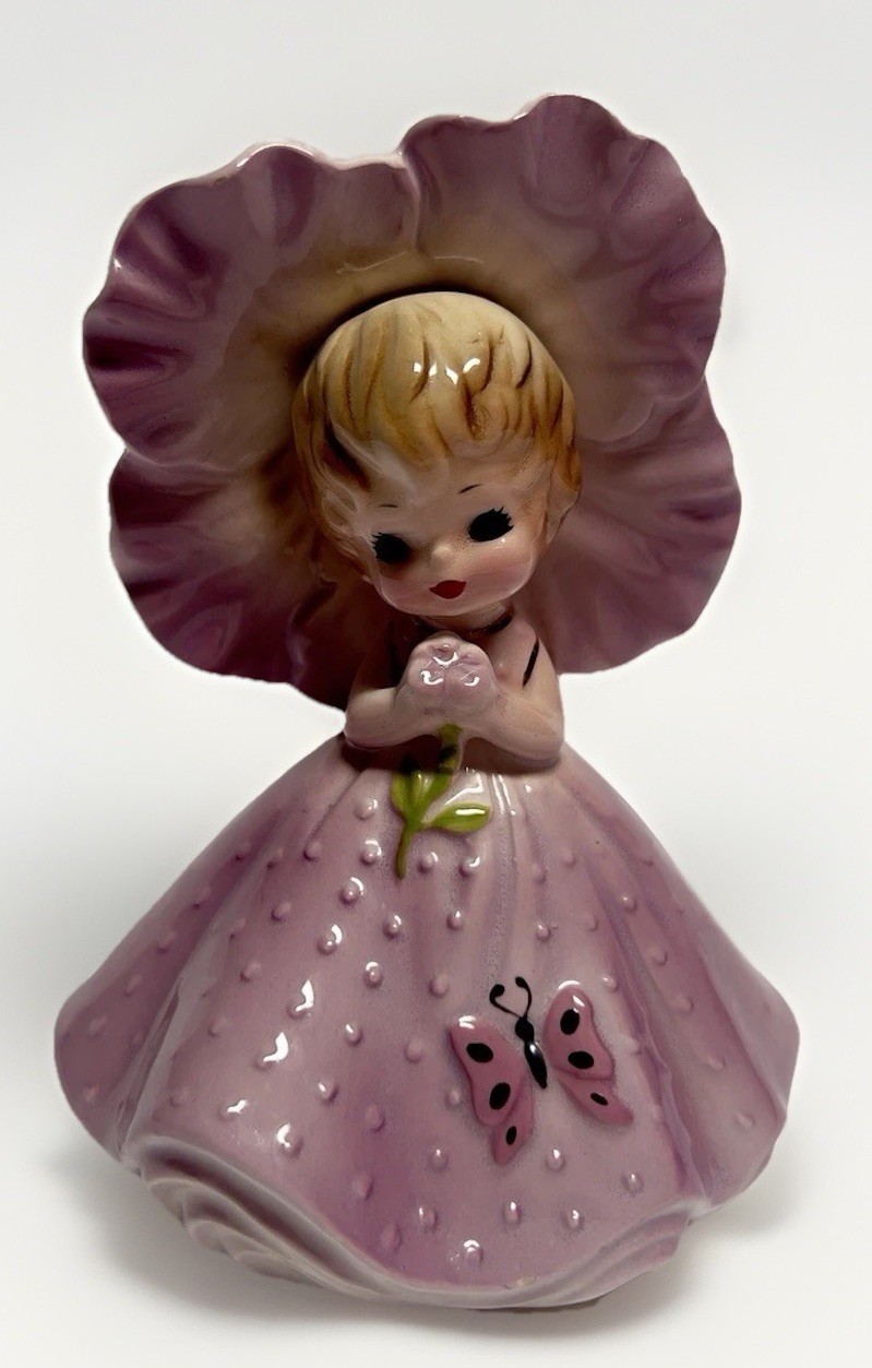 Vintage Josef Originals Figurine Petunia Flower Girl Purple Butterfly Rare