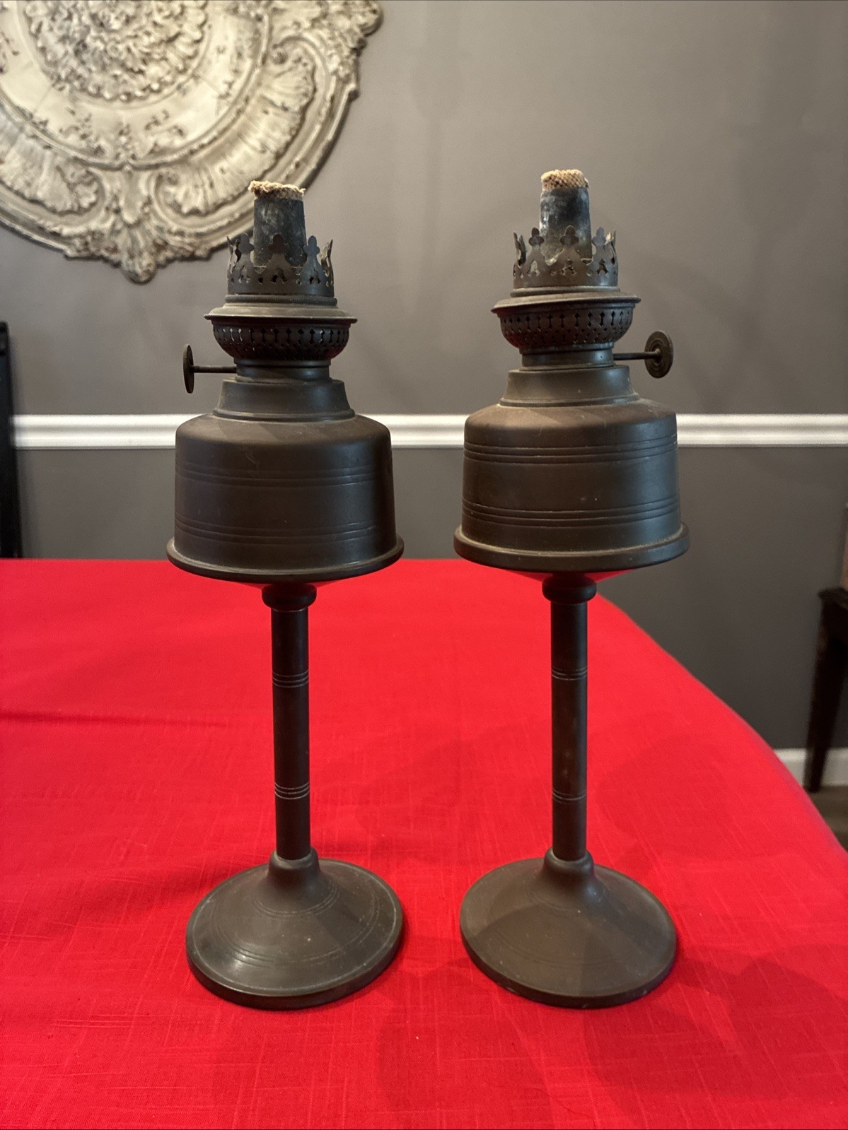 Pair Of Antique KOSMOS BRENNER Petroleum LAMPS Brass Base Oil Tank Europe RARE Pair Of Antique KOSMOS BRENNER Petroleum LAMPS Brass Base Oil Tank Europe RARE