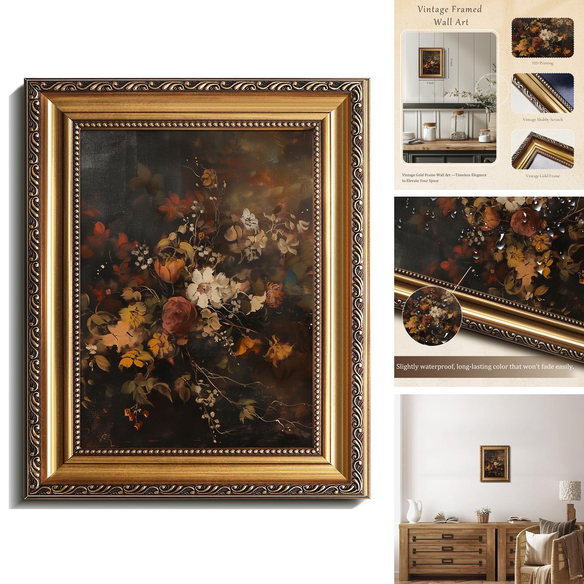 uniro Vintage Gold Framed Wall Art Moody Dark Autumn Floral 9x12Inch uniro Vintage Gold Framed Wall Art Moody Dark Autumn Floral 9x12Inch