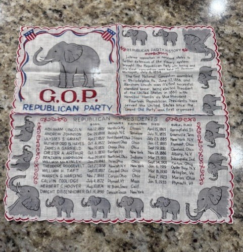 Rare 1953 Vintage Republican Party Handkerchief Patriotic List of Presidents Rare 1953 Vintage Republican Party Handkerchief Patriotic List of Presidents