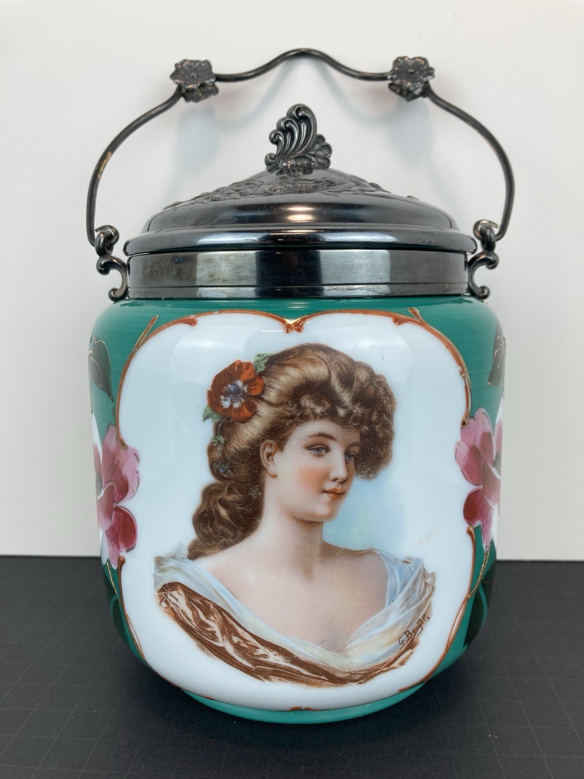 Antique Victorian Bristol Glass Portrait Biscuit Jar With Ornate Metal Lid NICE Antique Victorian Bristol Glass Portrait Biscuit Jar With Ornate Metal Lid NICE