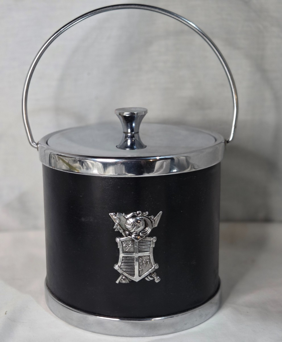 Vintage MCM Black Faux Leather Ice Bucket Chrome Knight Crest Shield Barware Vintage MCM Black Faux Leather Ice Bucket Chrome Knight Crest Shield Barware