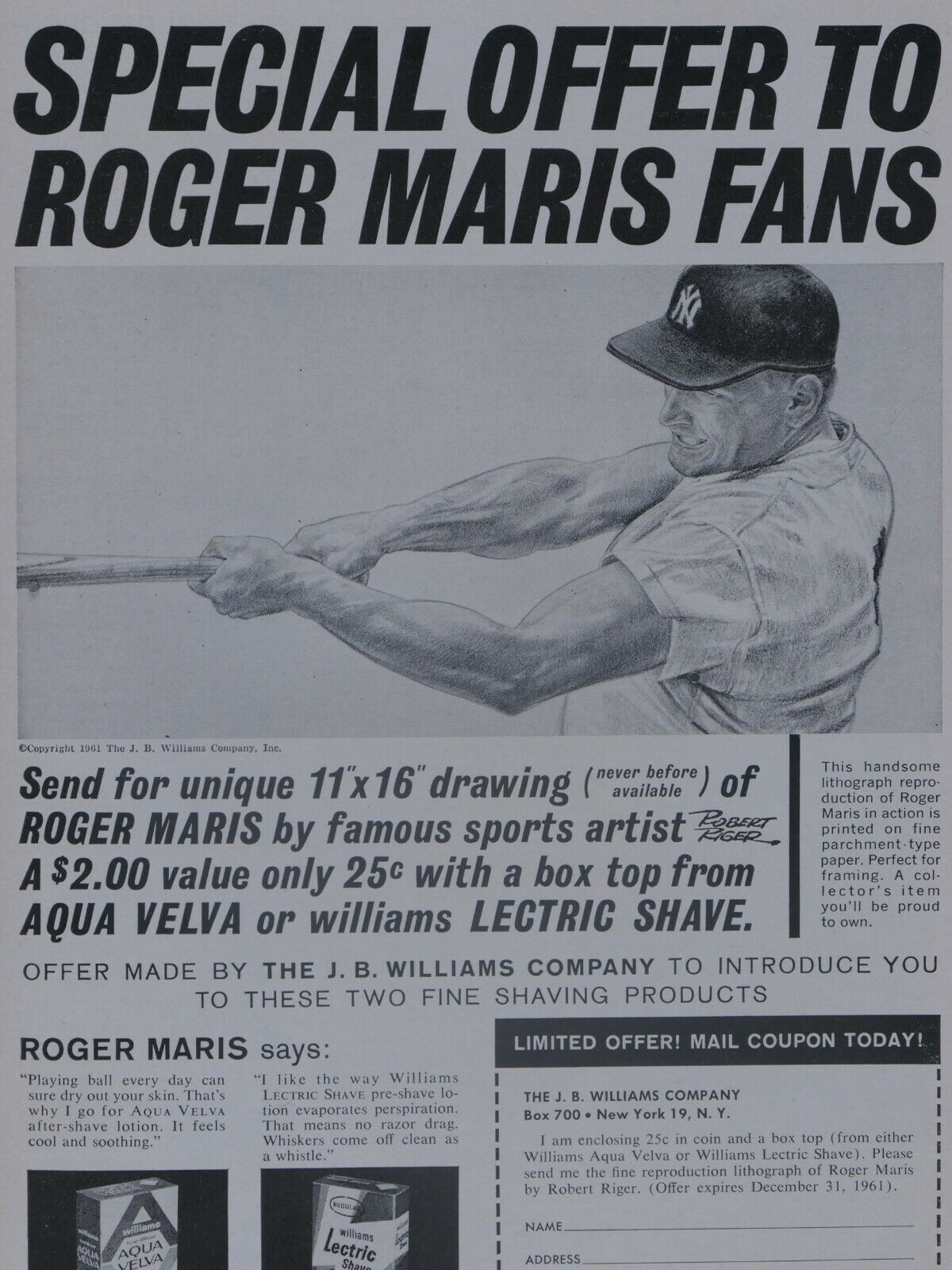 1961 Roger Maris New York Yankees Aqua Velvet Robert Riger Original Print Ad