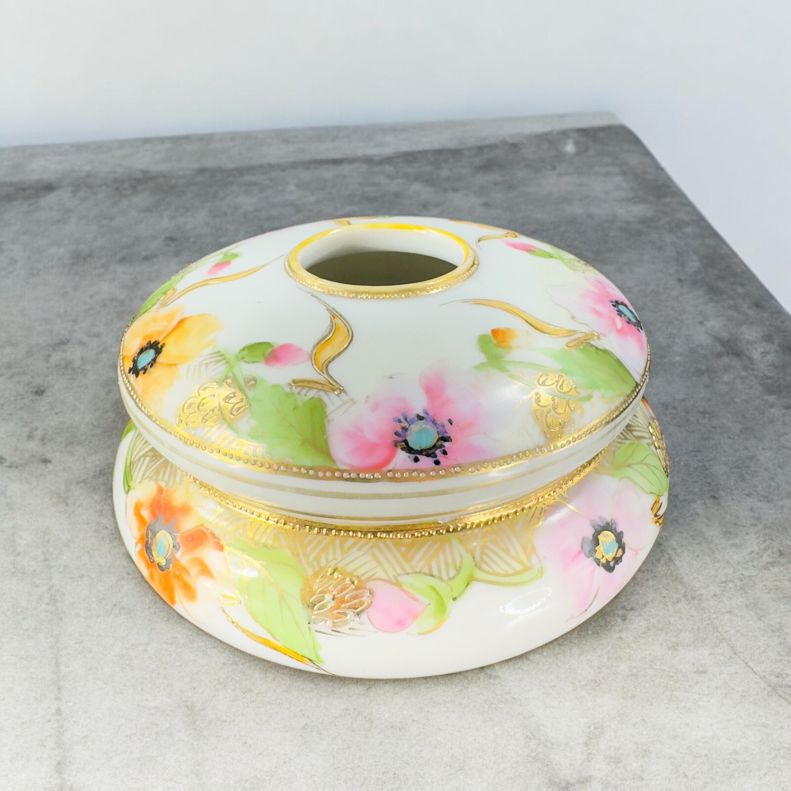 Antique Nippon Hand Painted Dresser Jar Container Hair Holder Textured Canister Antique Nippon Hand Painted Dresser Jar Container Hair Holder Textured Canister
