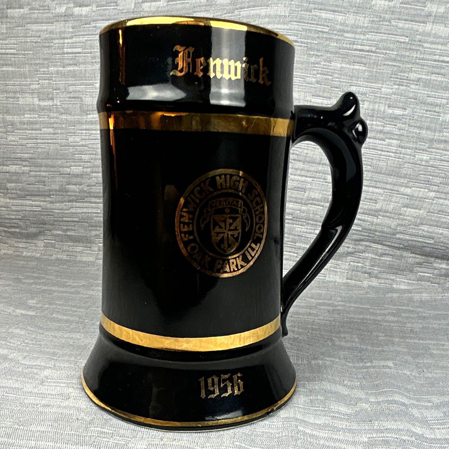Fenwick High School Oak Park IL 1956 Black Stein Mug 22 Karat Gold Harding's Fenwick High School Oak Park IL 1956 Black Stein Mug 22 Karat Gold Harding's