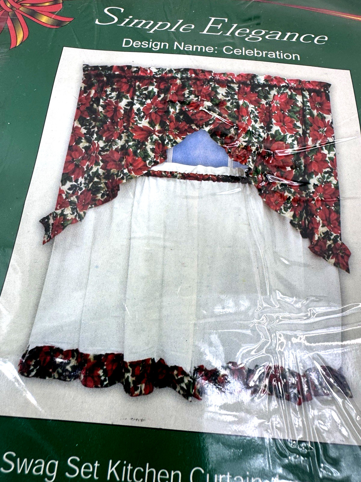 Vtg New Red Poinsettia Curtain Tier Valance Set 4 Pc Cotton 58