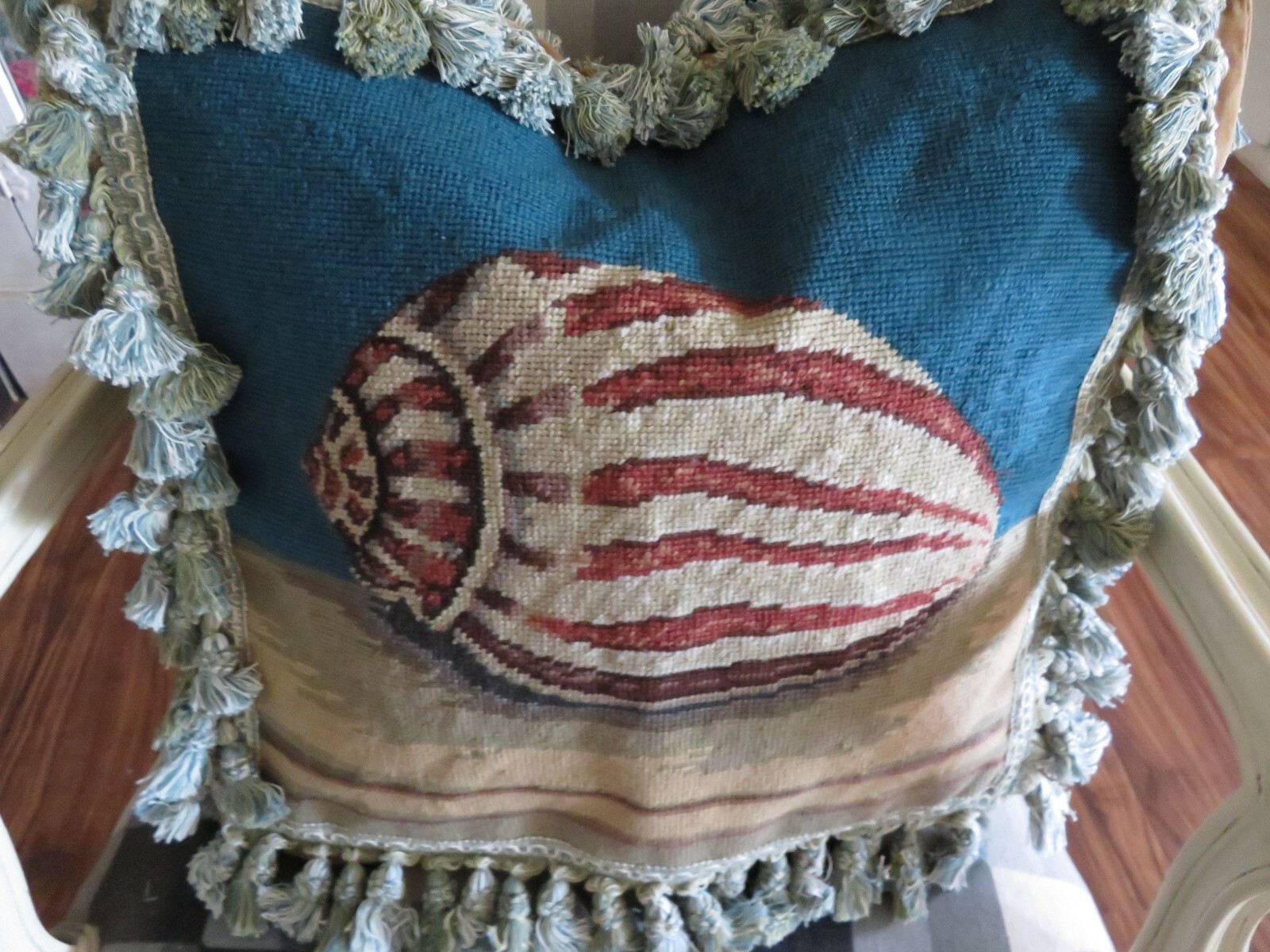 Vintage Aubusson style Petit Point Needlepoint Pillow Shell Nautical Ocean Blue Vintage Aubusson style Petit Point Needlepoint Pillow Shell Nautical Ocean Blue