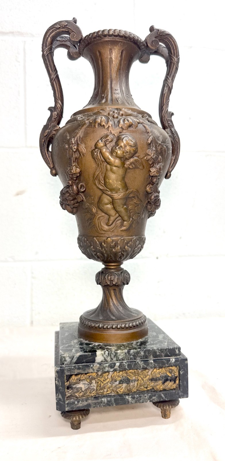 Antique ornate bronze patinated marble Victorian ewer mantle garniture vase