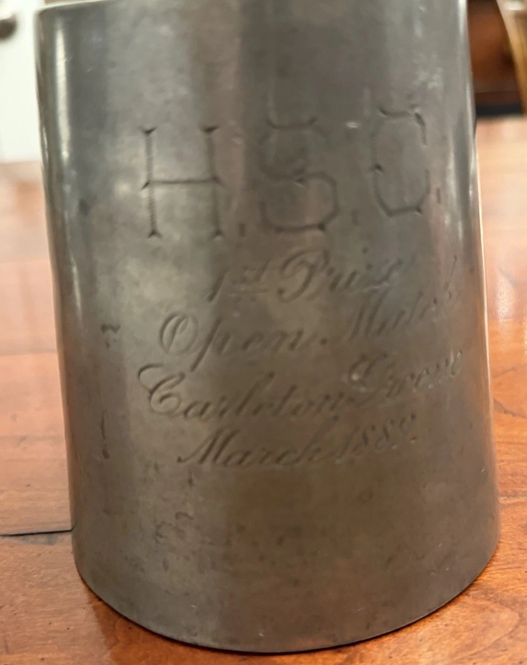 Antique 1889 Victorian Pewter Prize Mug H.S.C. Carleton Green Open Match Trophy Antique 1889 Victorian Pewter Prize Mug H.S.C. Carleton Green Open Match Trophy