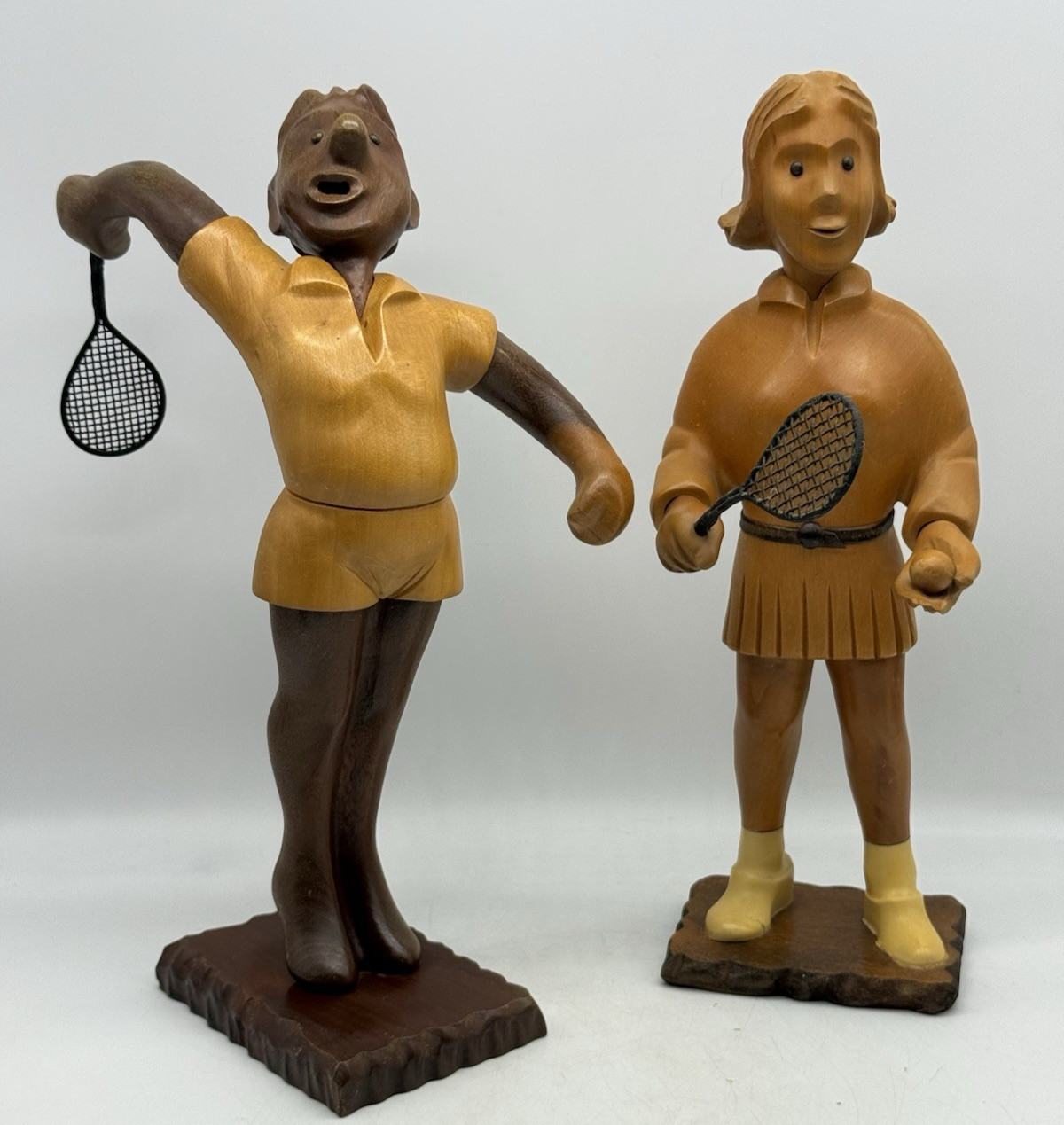 Italian Hand Carved Wooden Figure Male & Female Tennis Players Made in Italy Italian Hand Carved Wooden Figure Male & Female Tennis Players Made in Italy