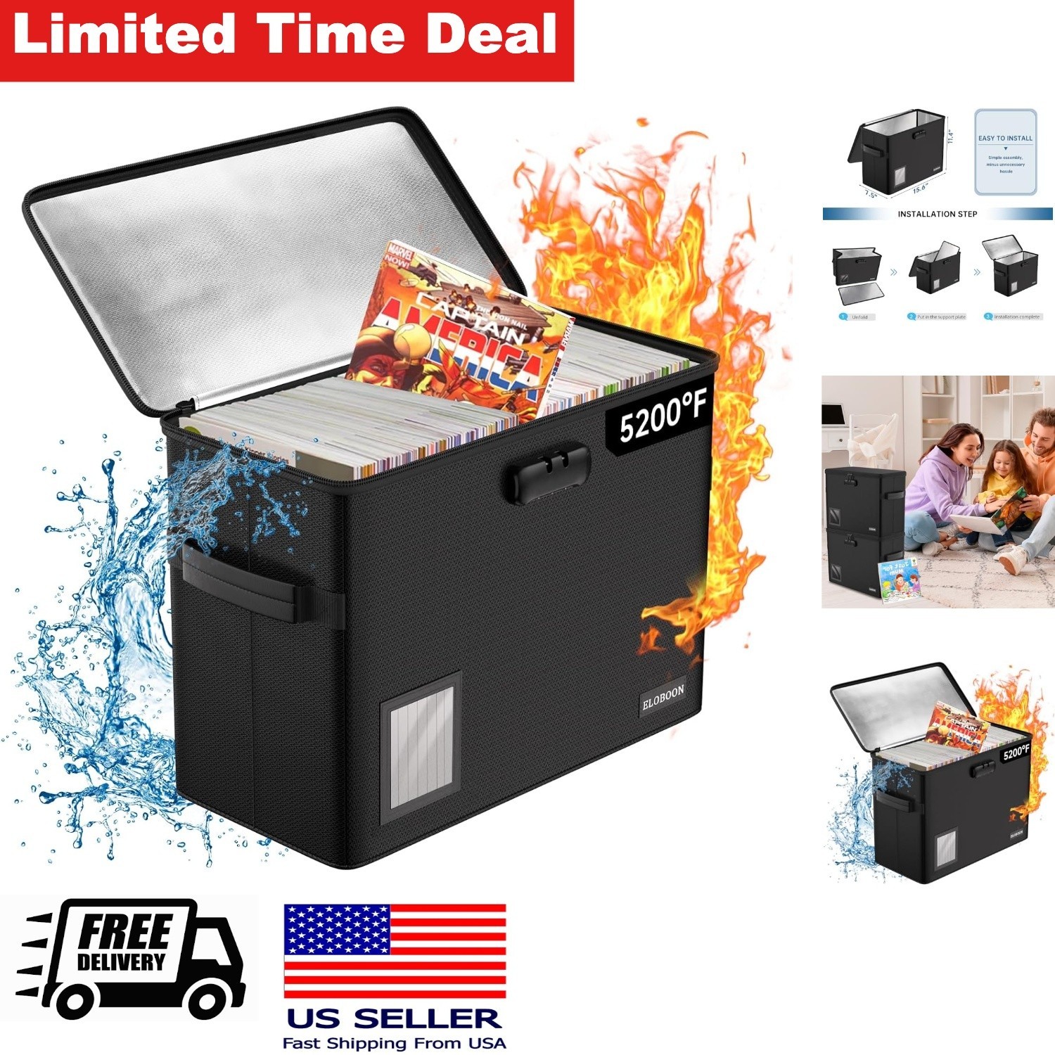 Fireproof Comic Book Storage Box for 150-175 Comics Durable Waterproof