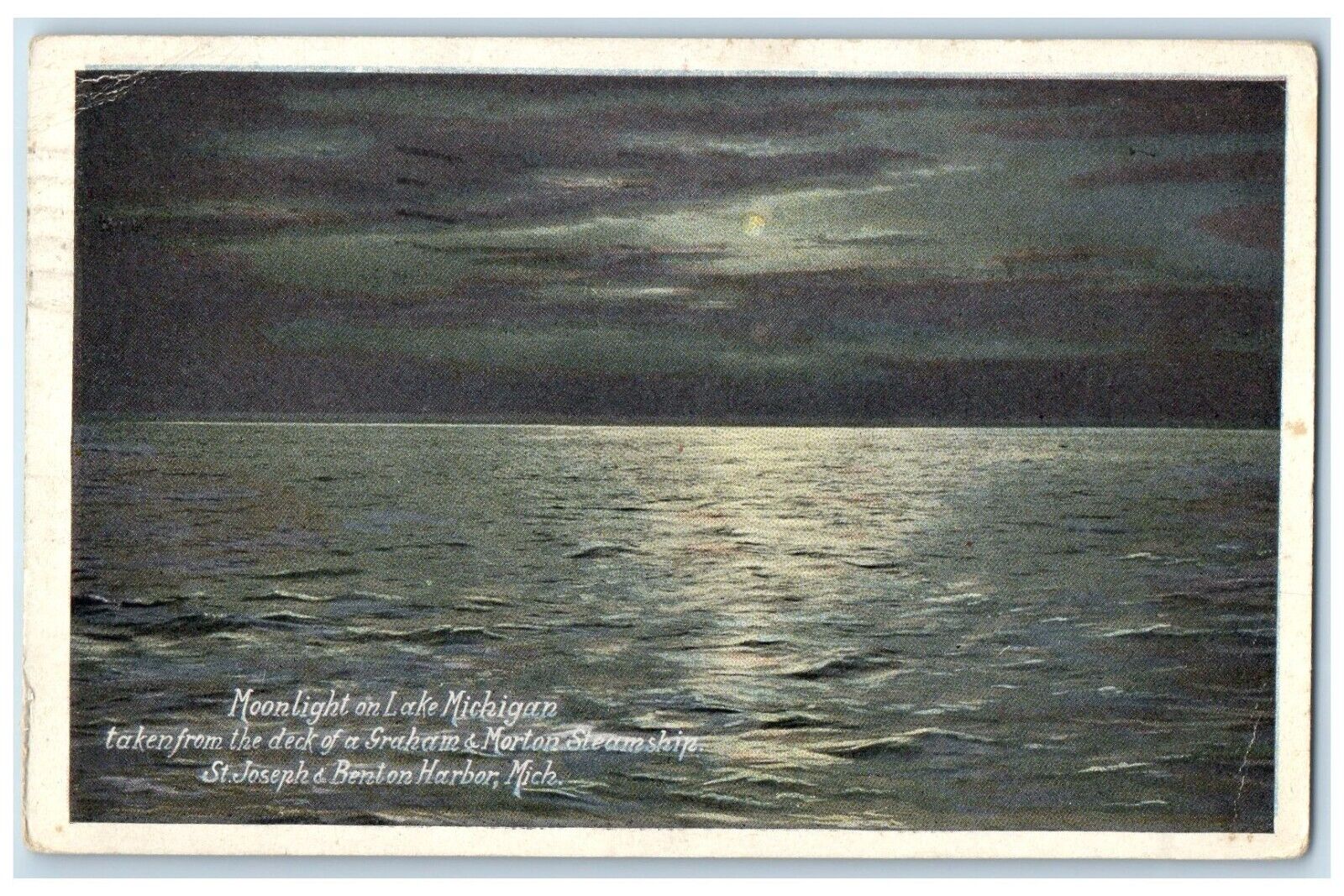 1917 Moonlight Lake Michigan Graham Morton Steam Benton Harbor Michigan Postcard