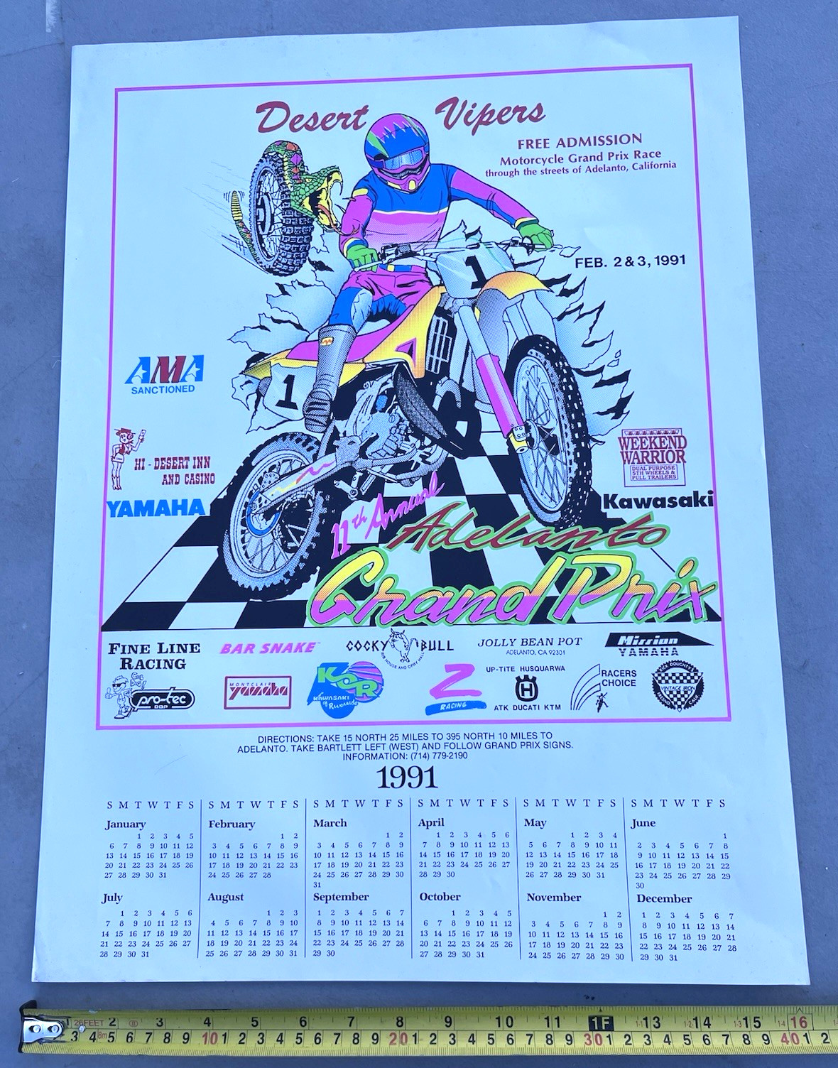 1991 Desert Vipers Grand Prix Calendar Poster AMA Motorcycle Race 11th Annual 1991 Desert Vipers Grand Prix Calendar Poster AMA Motorcycle Race 11th Annual