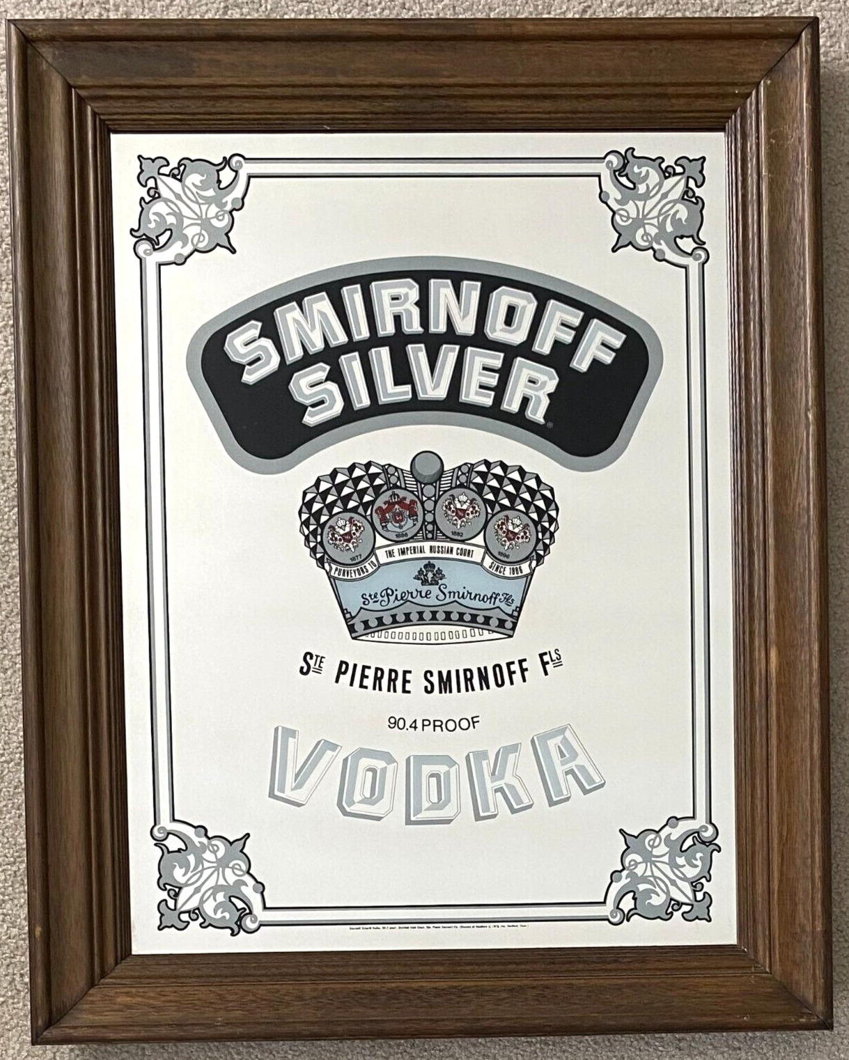 Vintage Smirnoff Silver Vodka 1978 Mirror Bar Sign Man Cave 29x23 Wood Frame