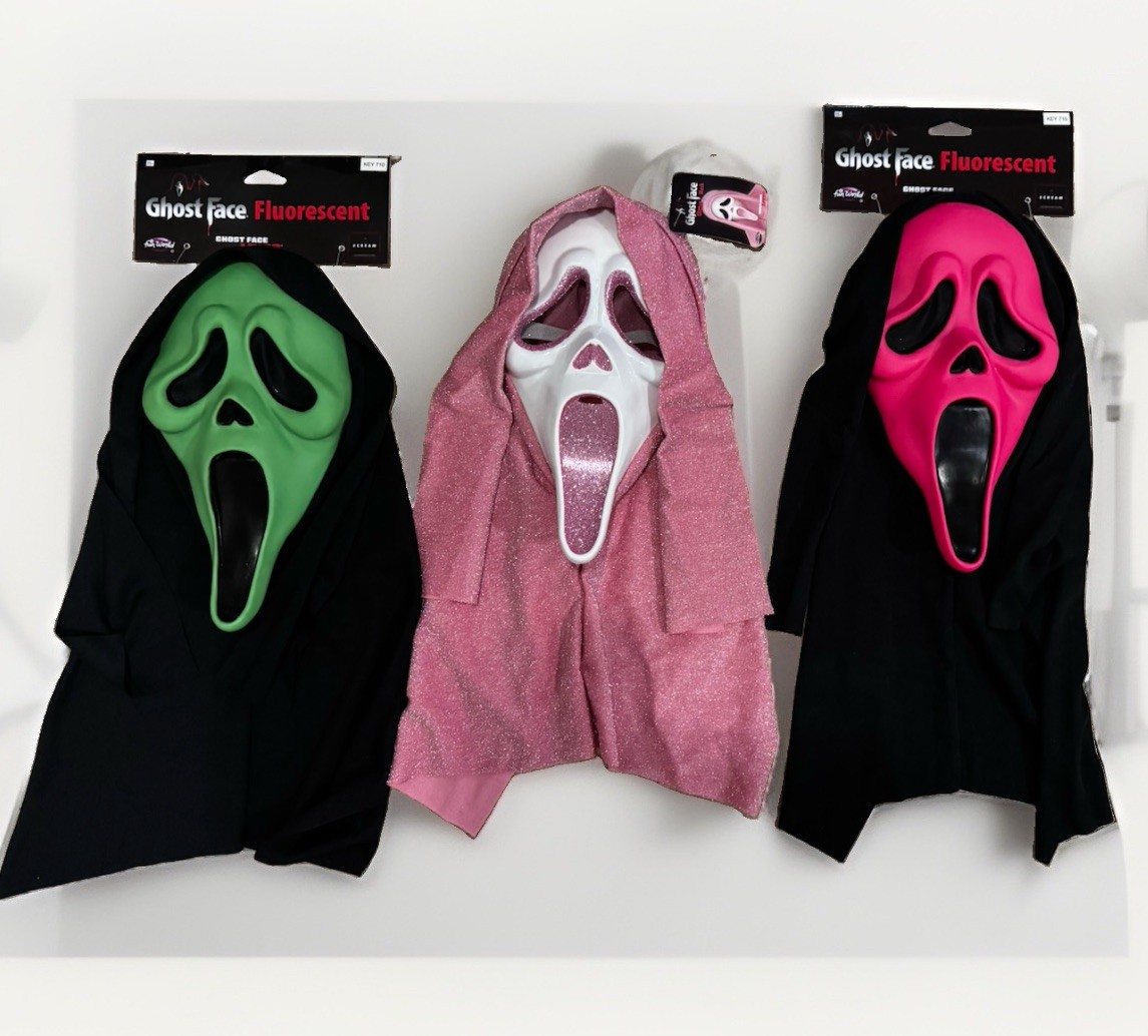 Ghost Face Scream Fluorescent Mask Lot, Pink, Glitter Bling, Green NWT Set Of 3