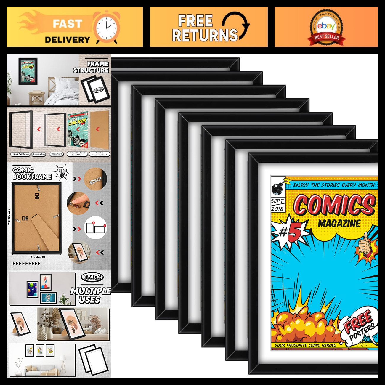 8 Pack Comic Book Frames with UV Protection - Black & White Mat Display