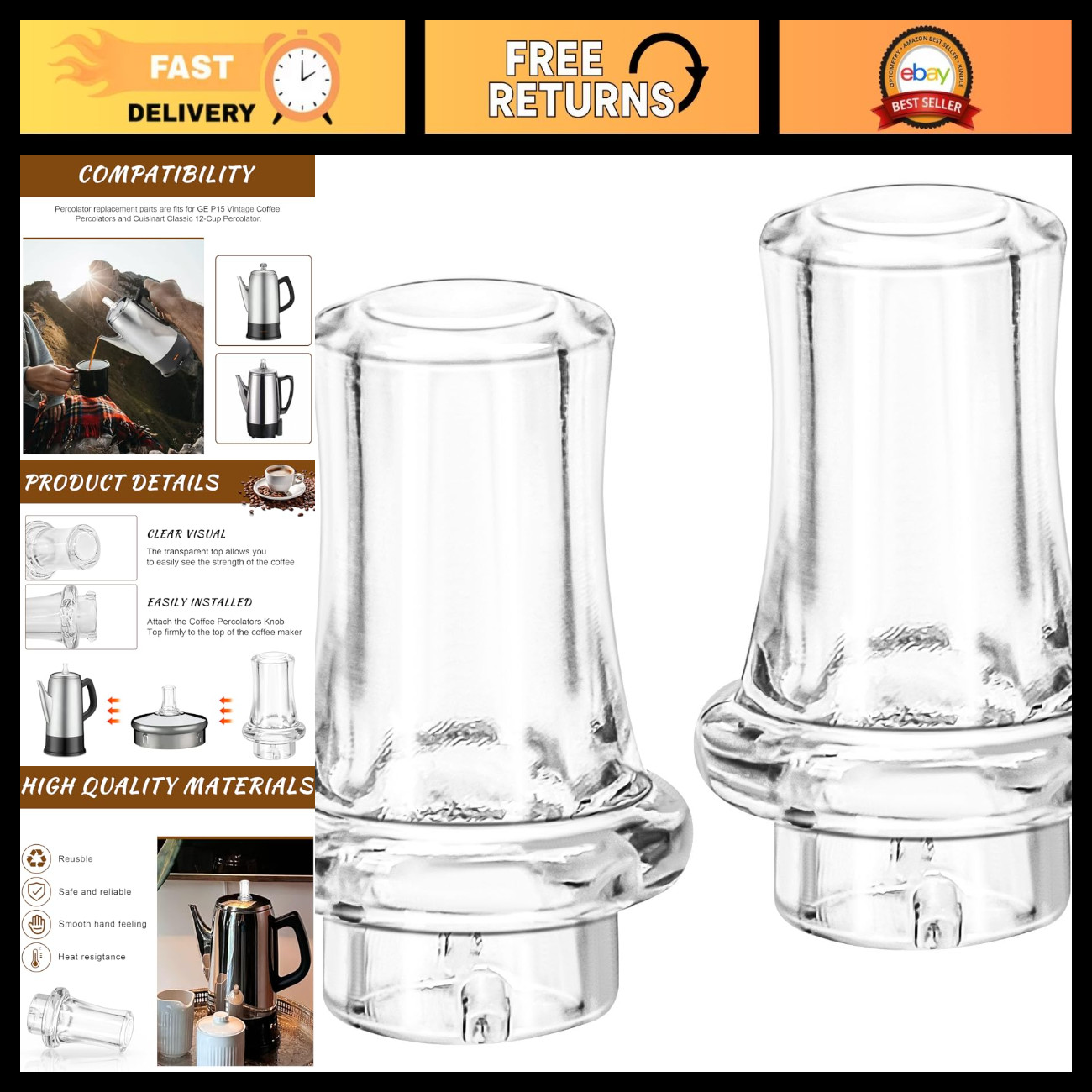 2 Pcs Coffee Percolator Knob Top Replacement - Fits GE & Cuisinart 12 Cup Models 2 Pcs Coffee Percolator Knob Top Replacement - Fits GE & Cuisinart 12 Cup Models