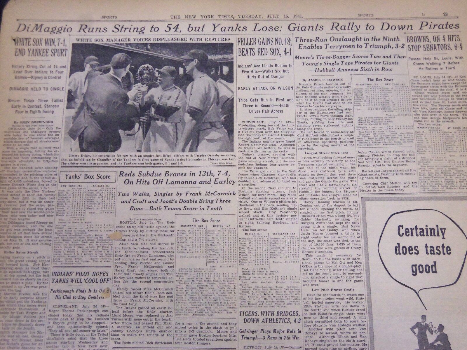1941 JULY 15 NEW YORK TIMES - DIMAGGIO RUNS STREAK TO 54 - NT 5157