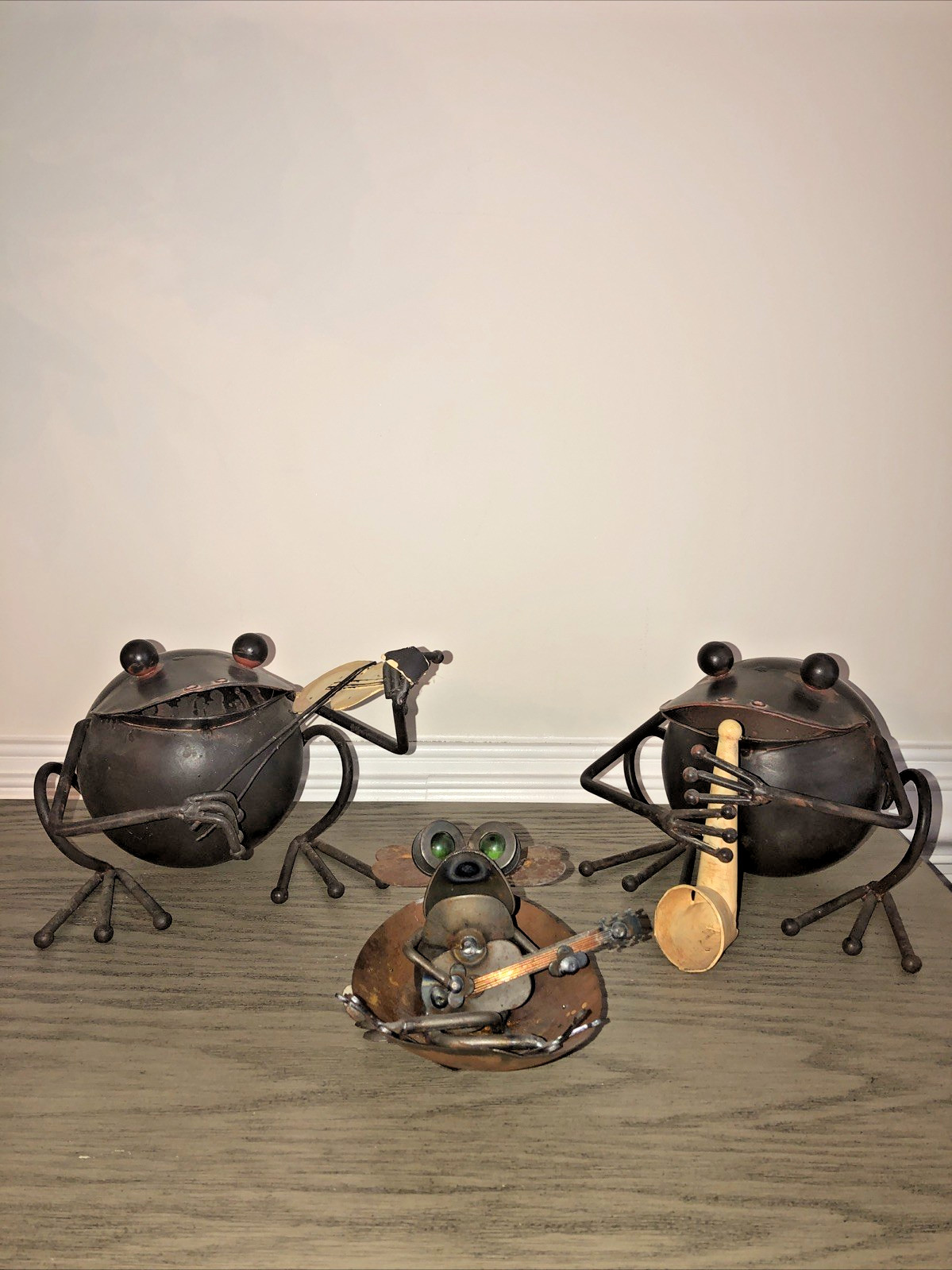 Handcrafted Metal Frog Lot of 3 Percussion Musical Instrument Self standing Vtg